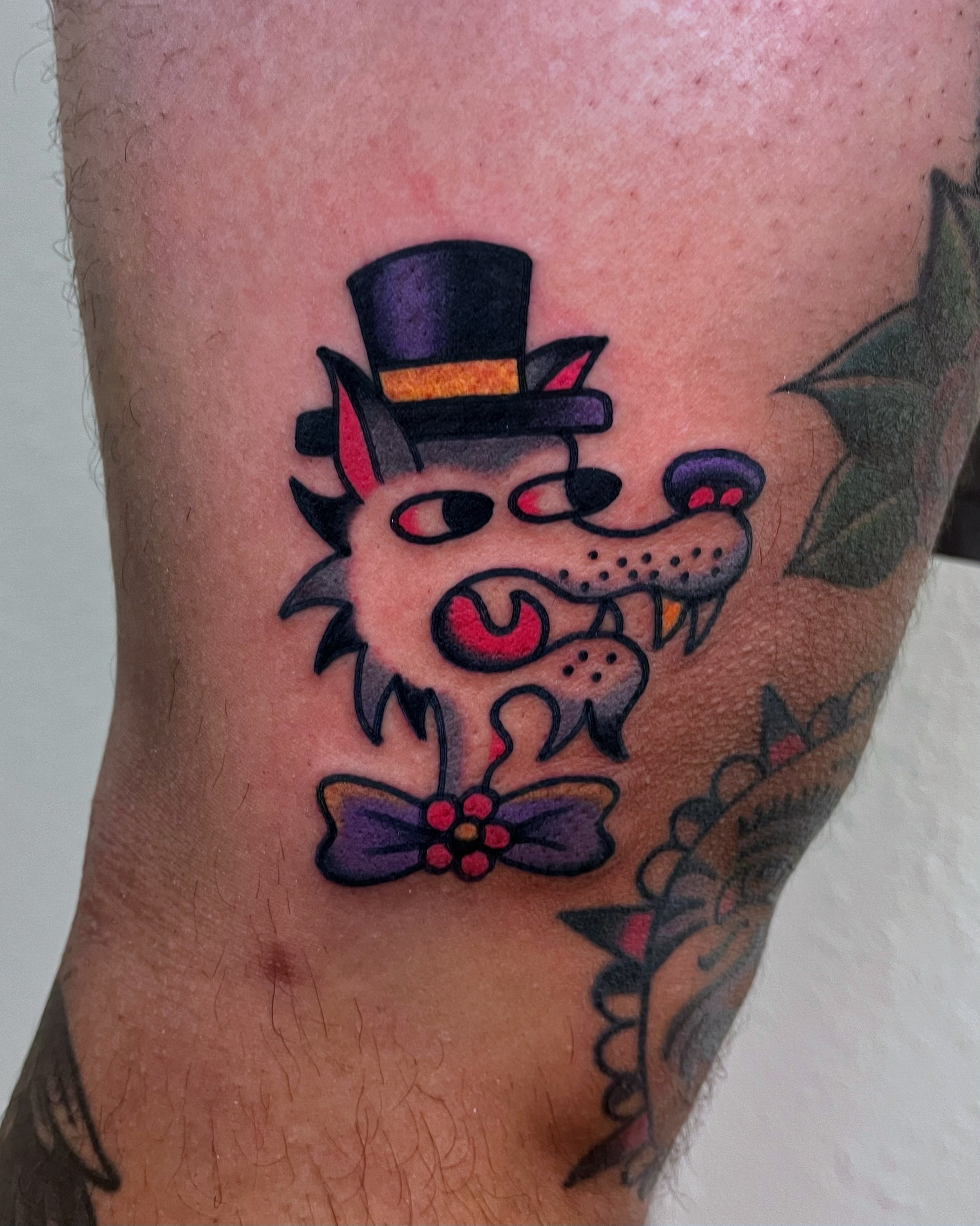 Top hat dog American traditional tattoo on the forearm by Tattoo Dust ☻ Los Angeles