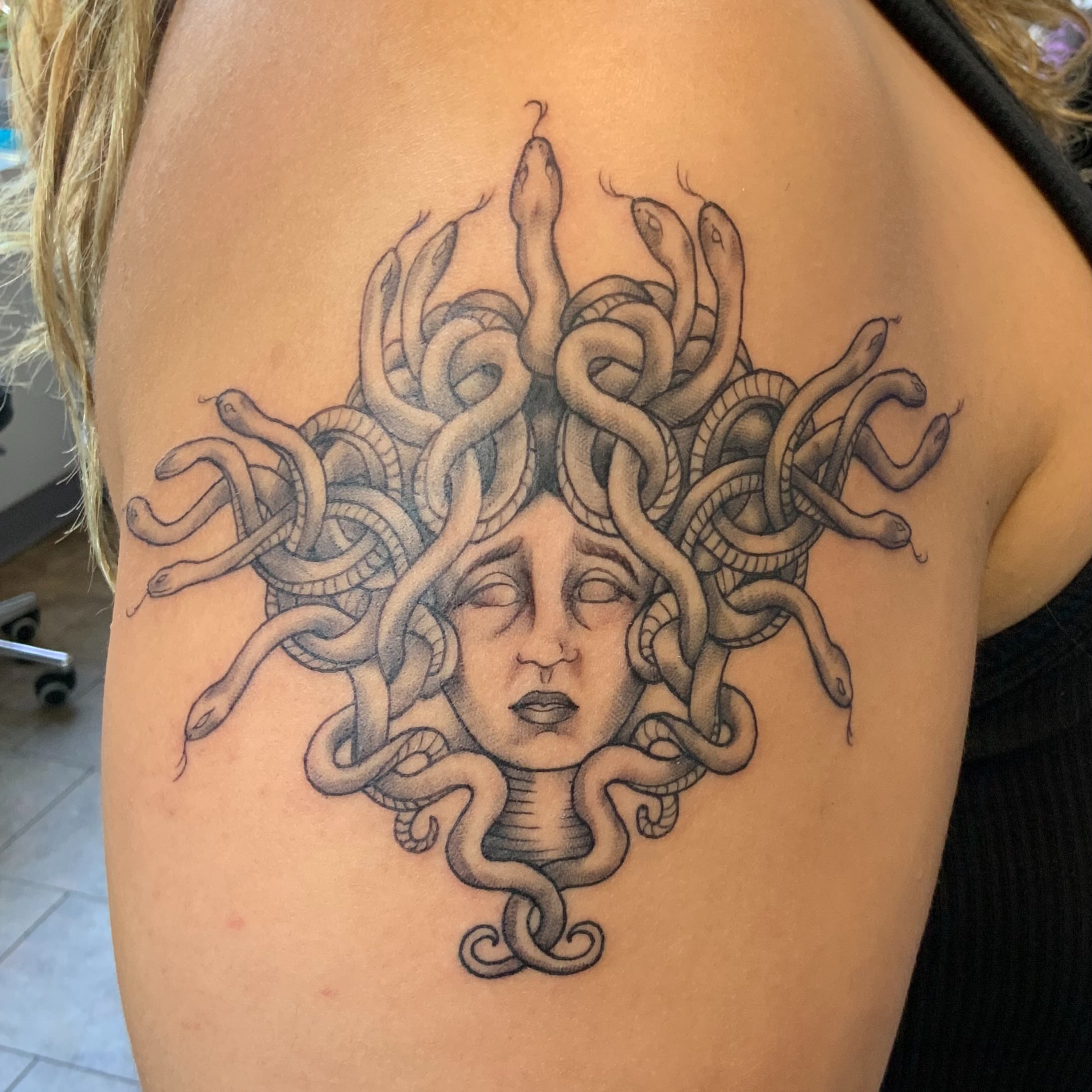 Tattoo by @electricpagan — black_and_grey