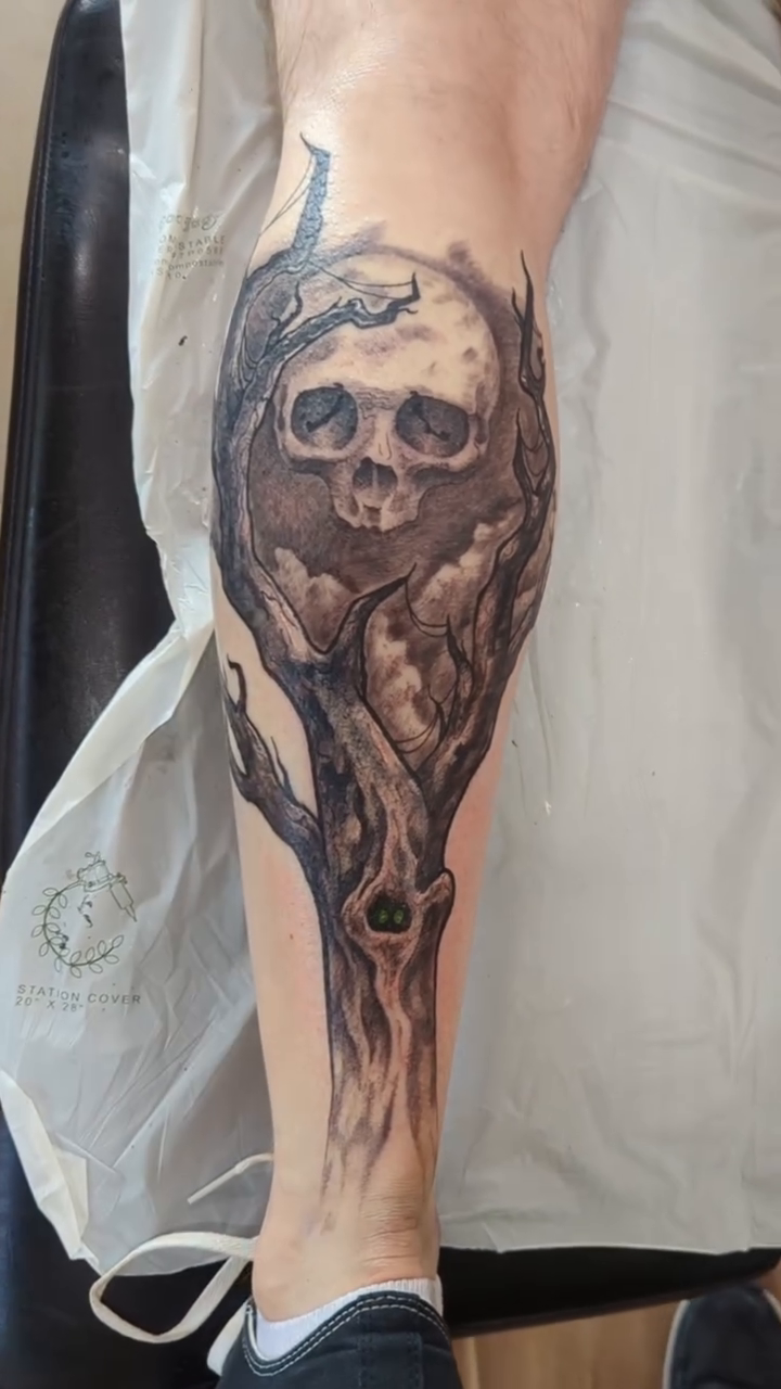 Tattoo by @skiesafiretattoo — dark_realism, black_and_grey