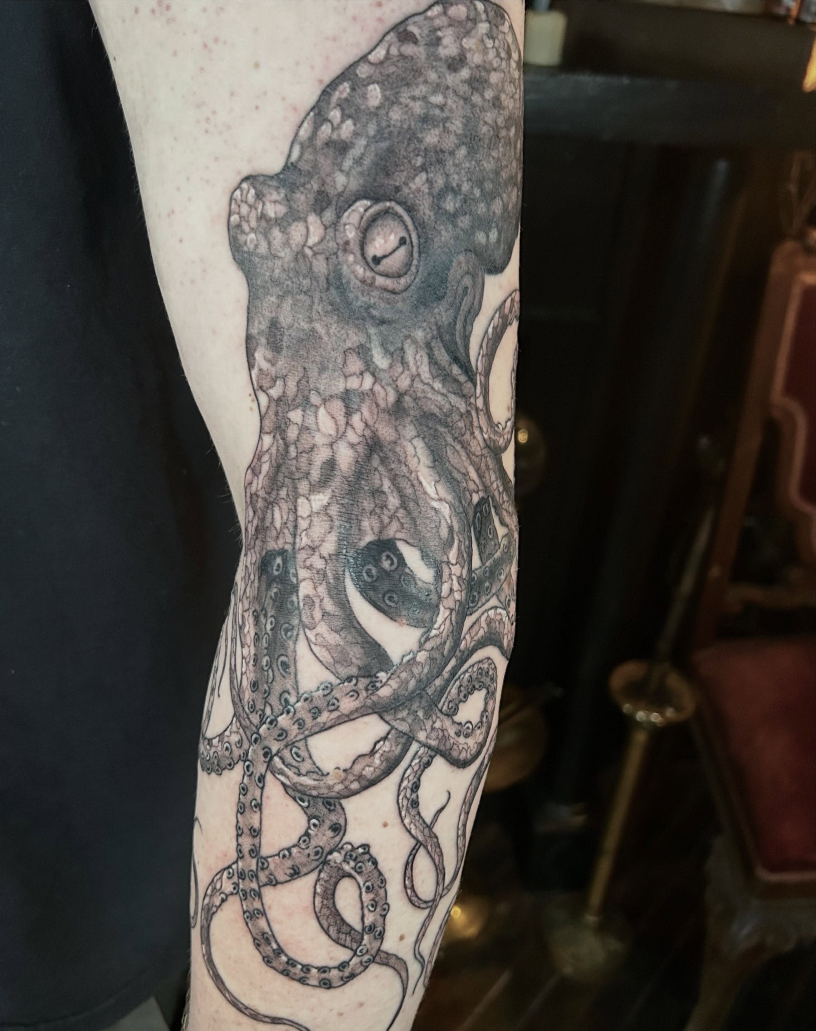 Octopus black and grey tattoo on the forearm by ๐๐๐๐๐๐ ๐๐๐๐๐๐ ๐๐๐๐๐๐