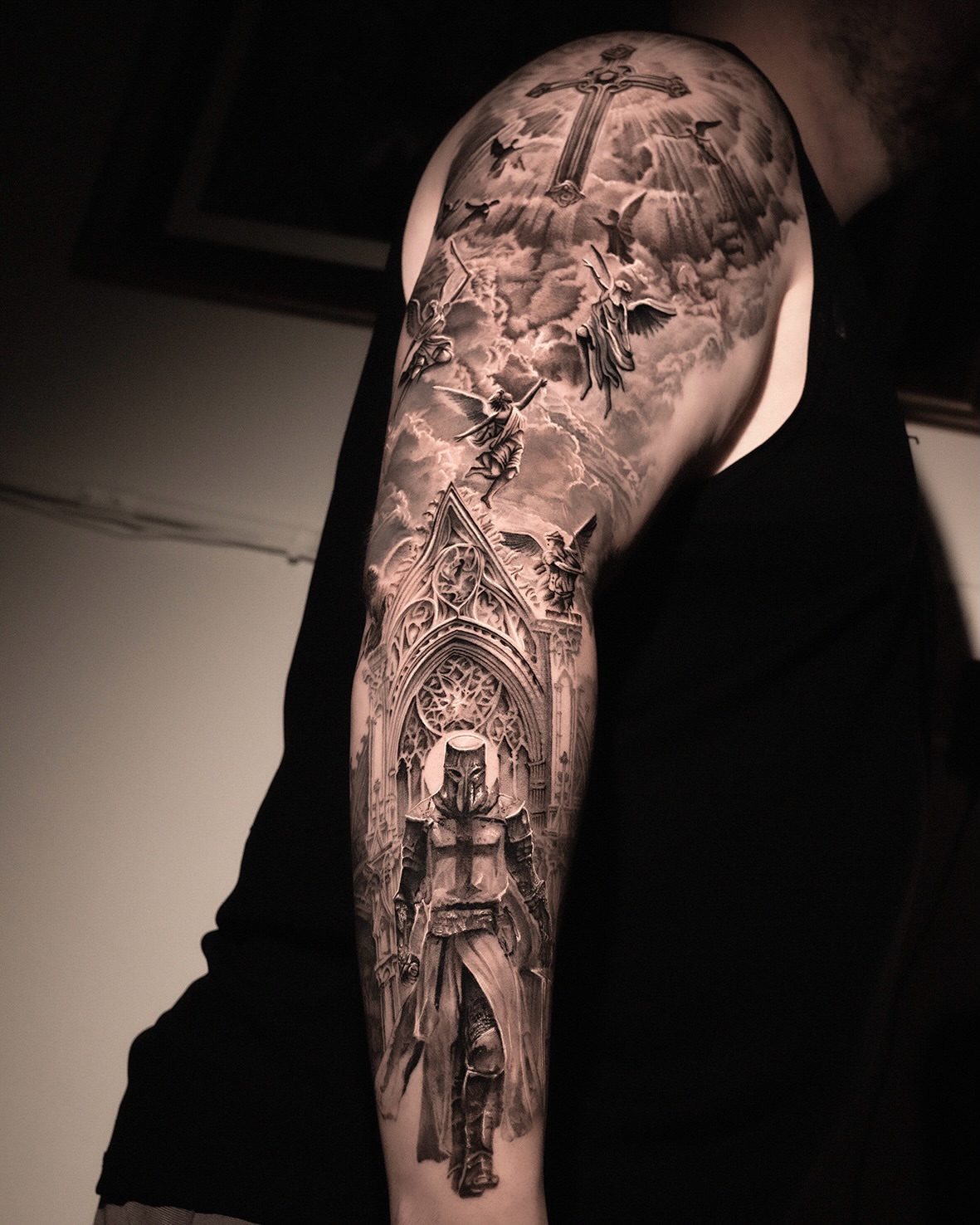 Religious battle scene realism tattoo on the forearm by AMU