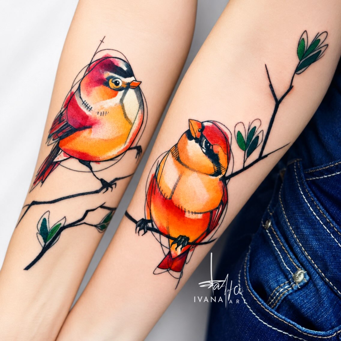 Birds watercolor tattoo on the forearm by Ivana Belakova