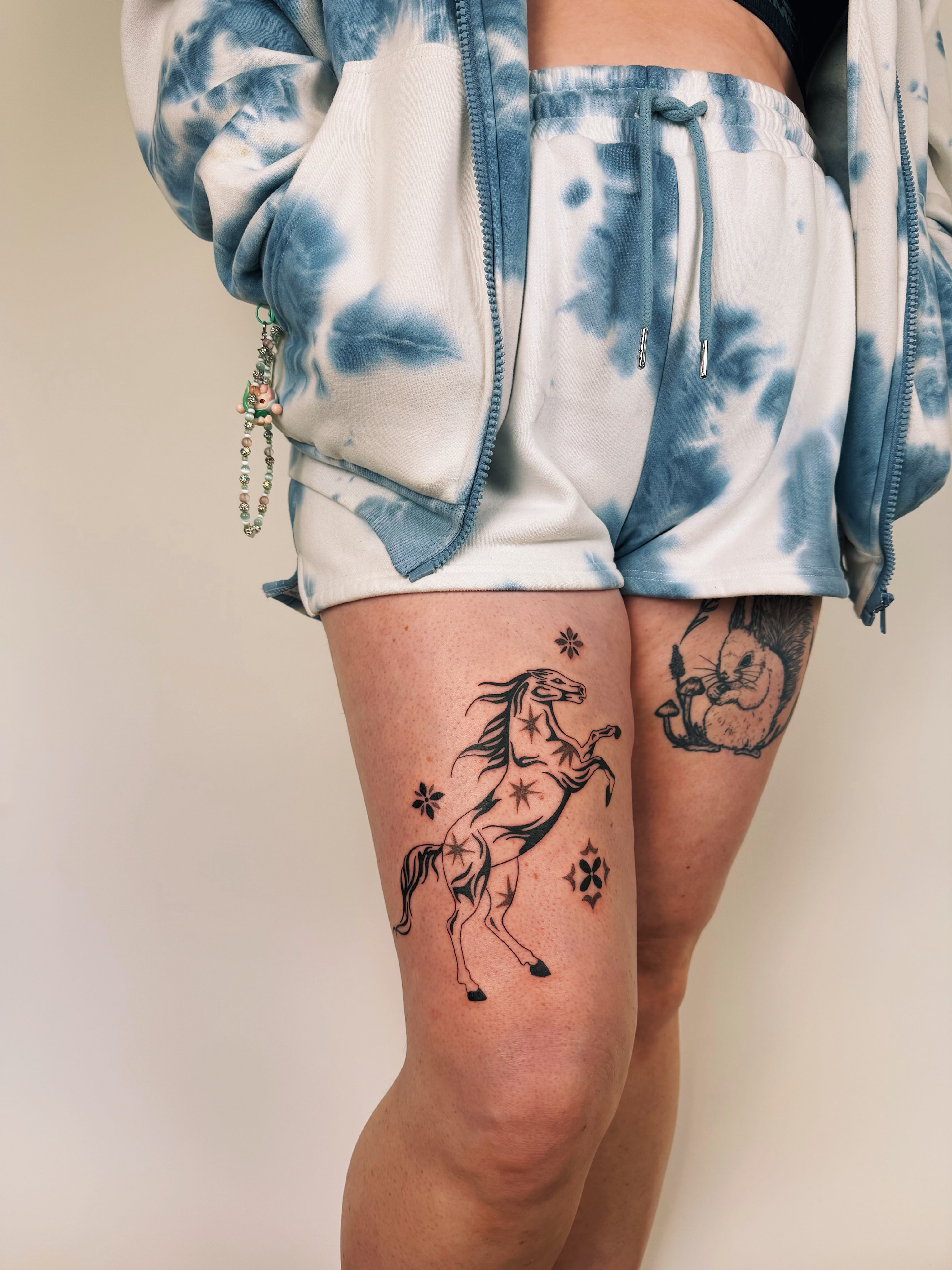 Galloping horse black and grey tattoo on the thigh by b i l l i e, Seattle, Washington