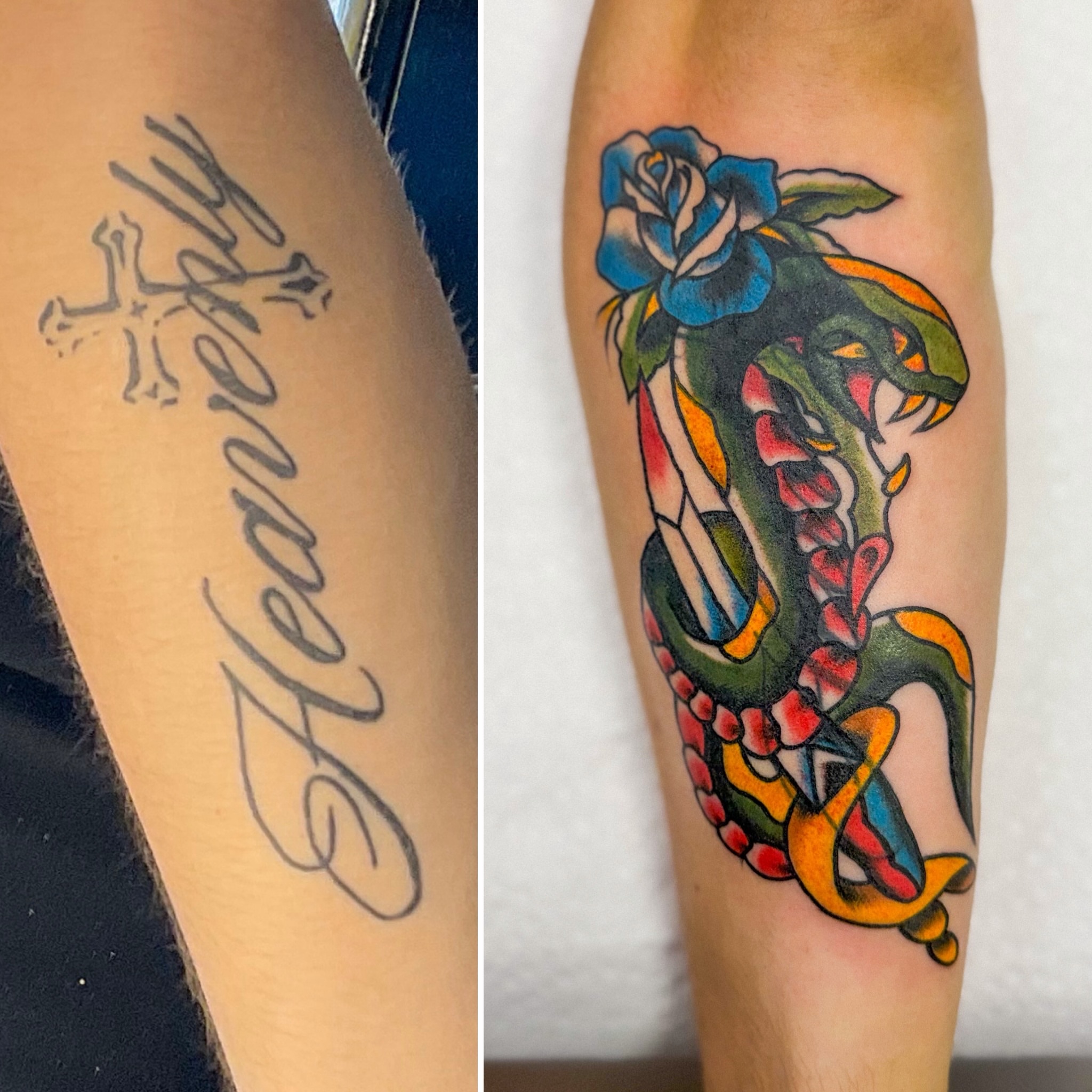 Snake and peony American traditional tattoo on the calf by Zac Tattooer