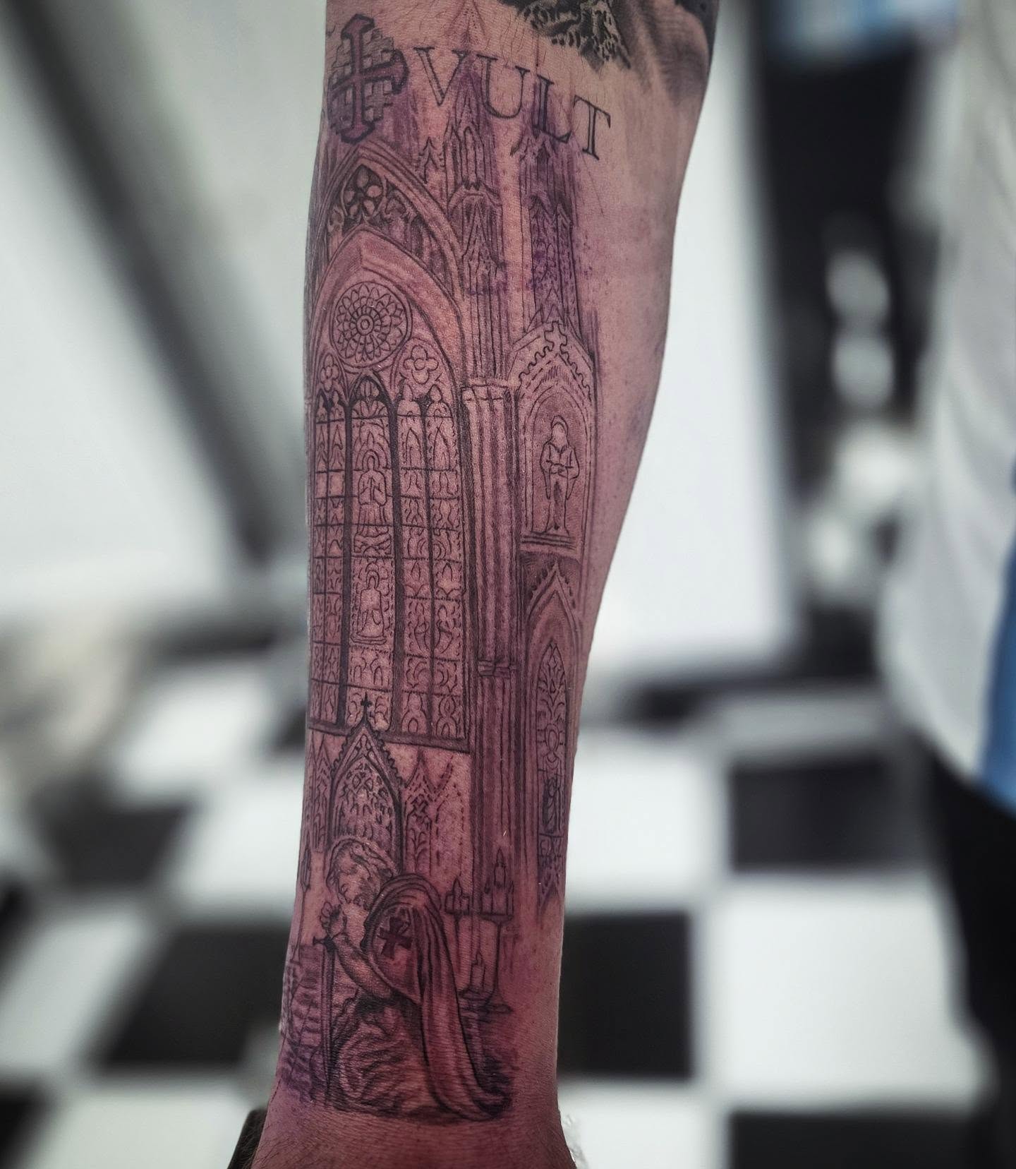 Gothic cathedral black and grey tattoo on the forearm by Molly DeSmedt