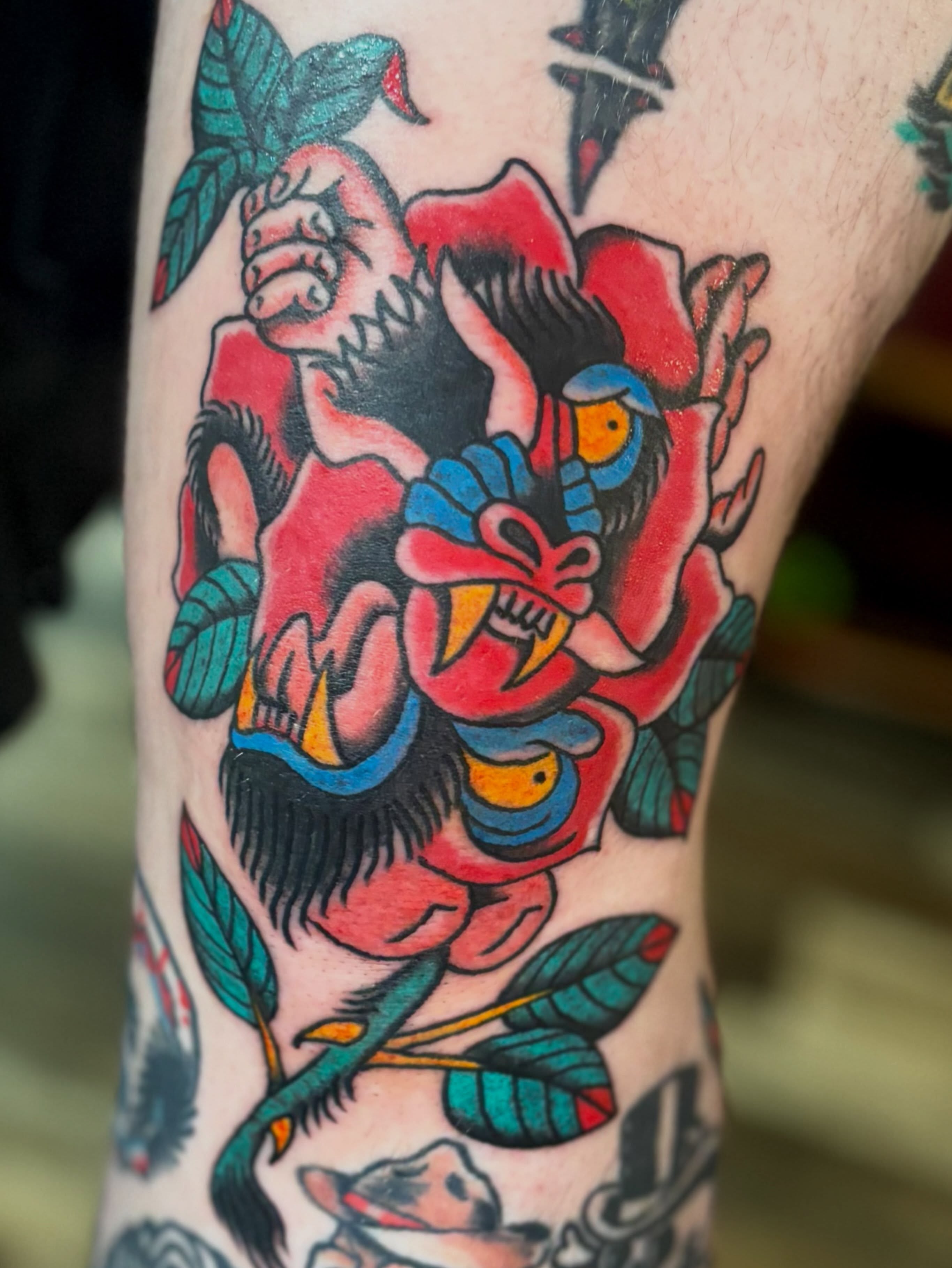 Demon American traditional tattoo on the forearm by Tia Cave