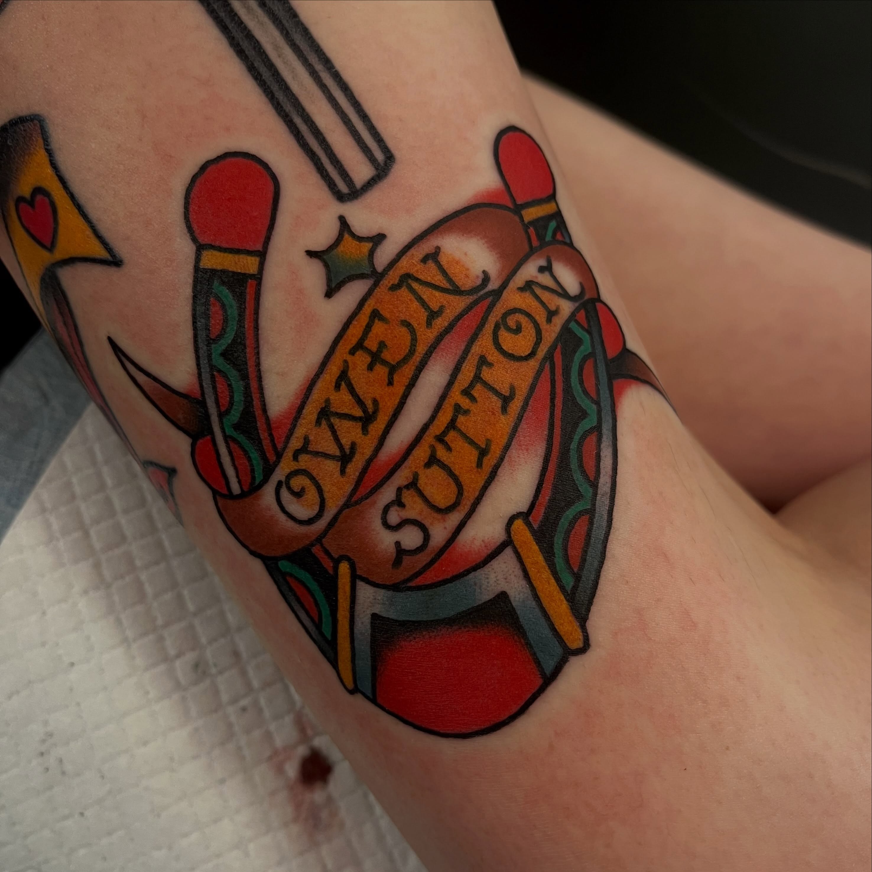 Bowling pins American traditional tattoo on the forearm by Lee Brewster, Erlanger, Kentucky
