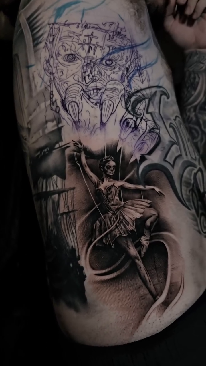 Ballerina with demonic figure dark realism tattoo by Nathan Mathers Tattooist