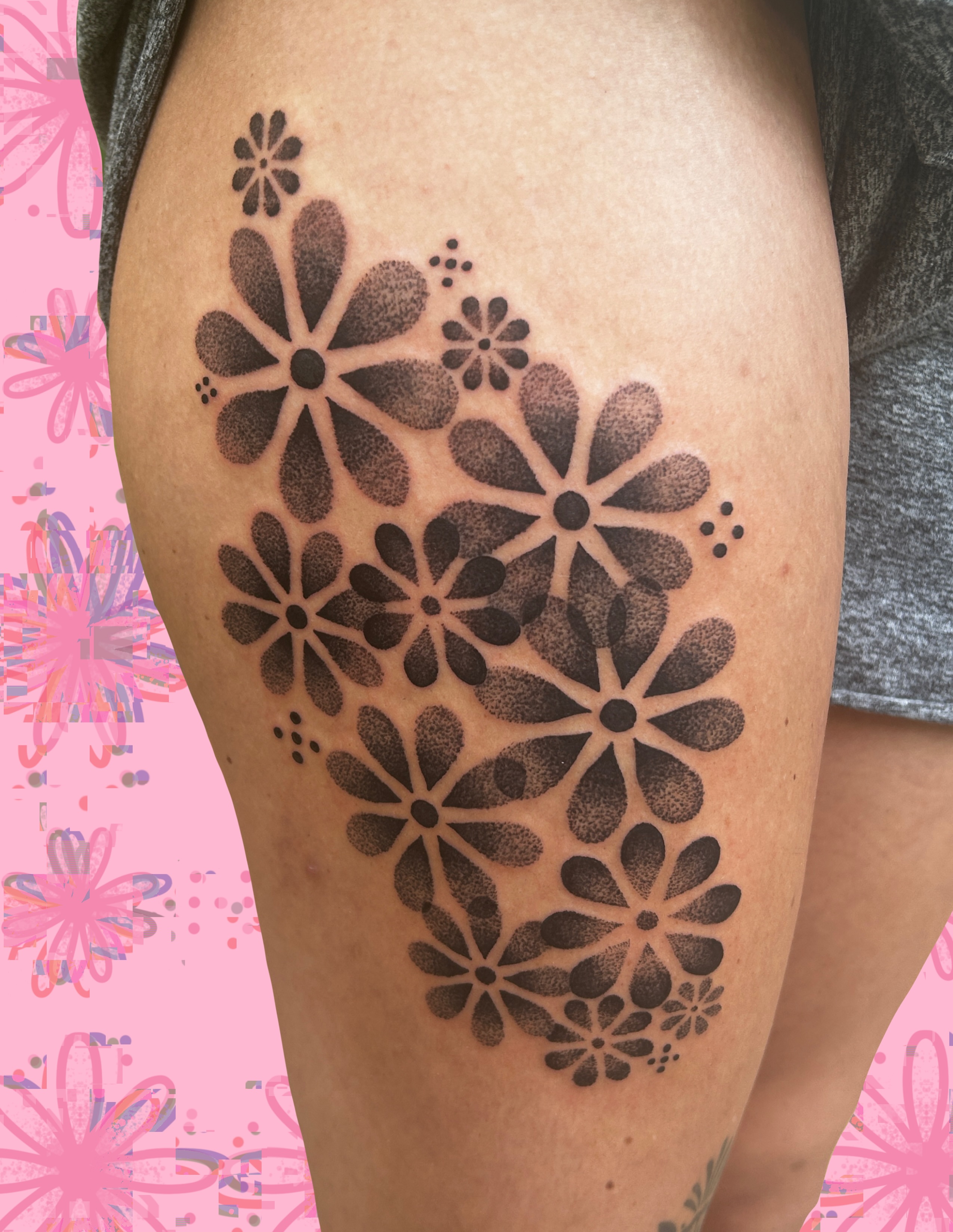 Daisy flowers dotwork tattoo on the thigh by ❆ minneapolis tattoo artist ❆