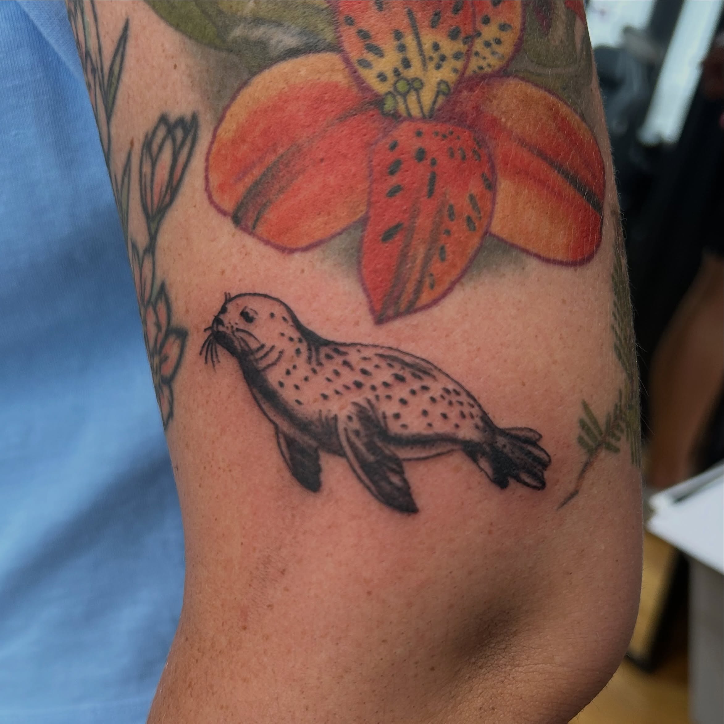 Seal and flower black and grey tattoo on the forearm by Jessica π