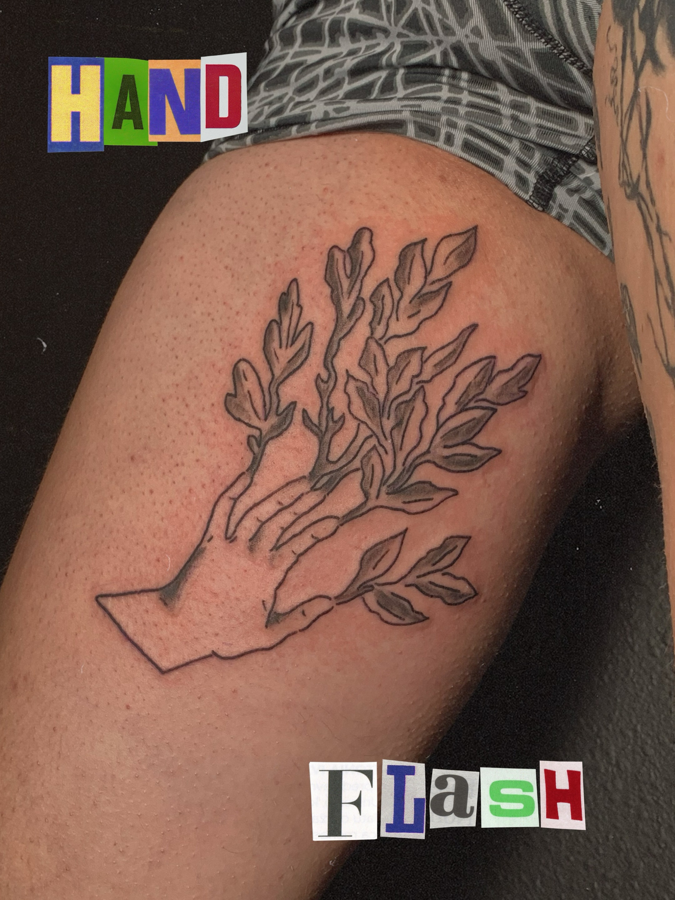 Plant black and grey tattoo on the thigh by charles