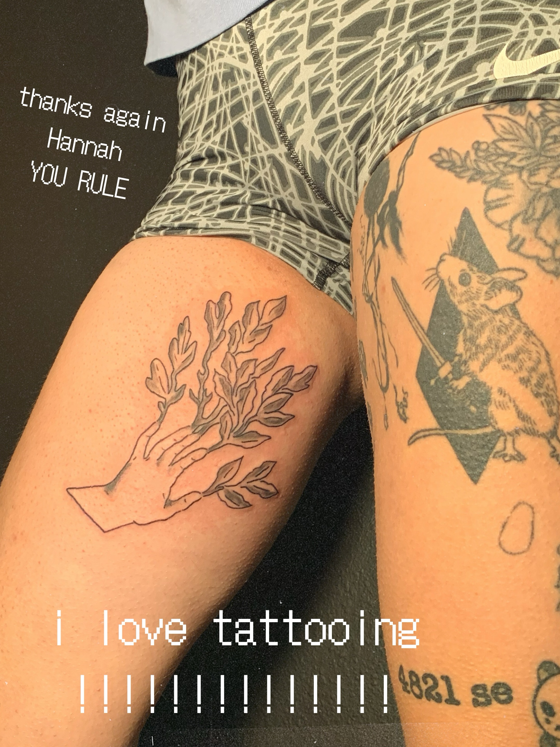 Mouse and plant black and grey tattoo on the thigh by charles