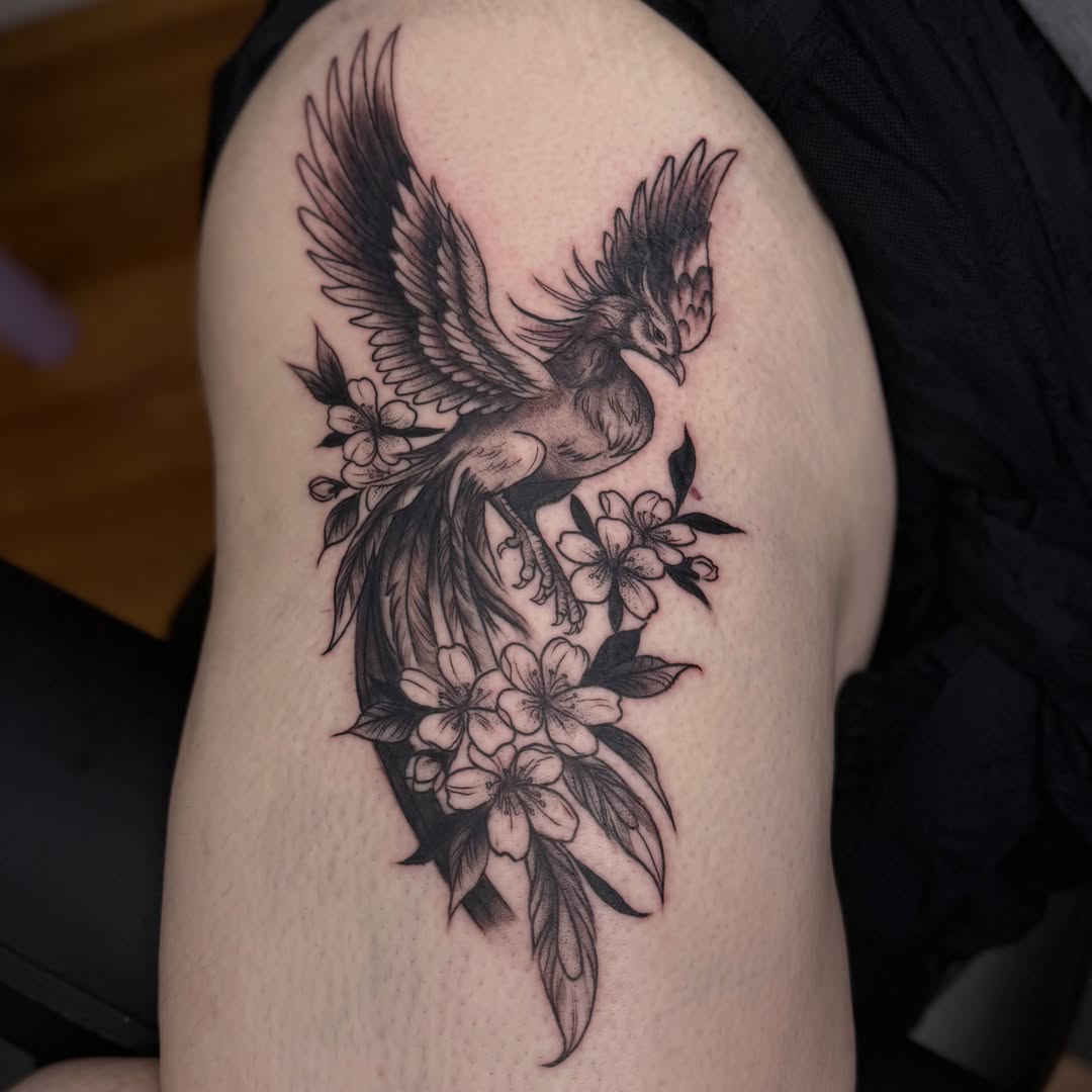 Phoenix and cherry blossoms black and grey tattoo on the thigh by Skylar Sheeley