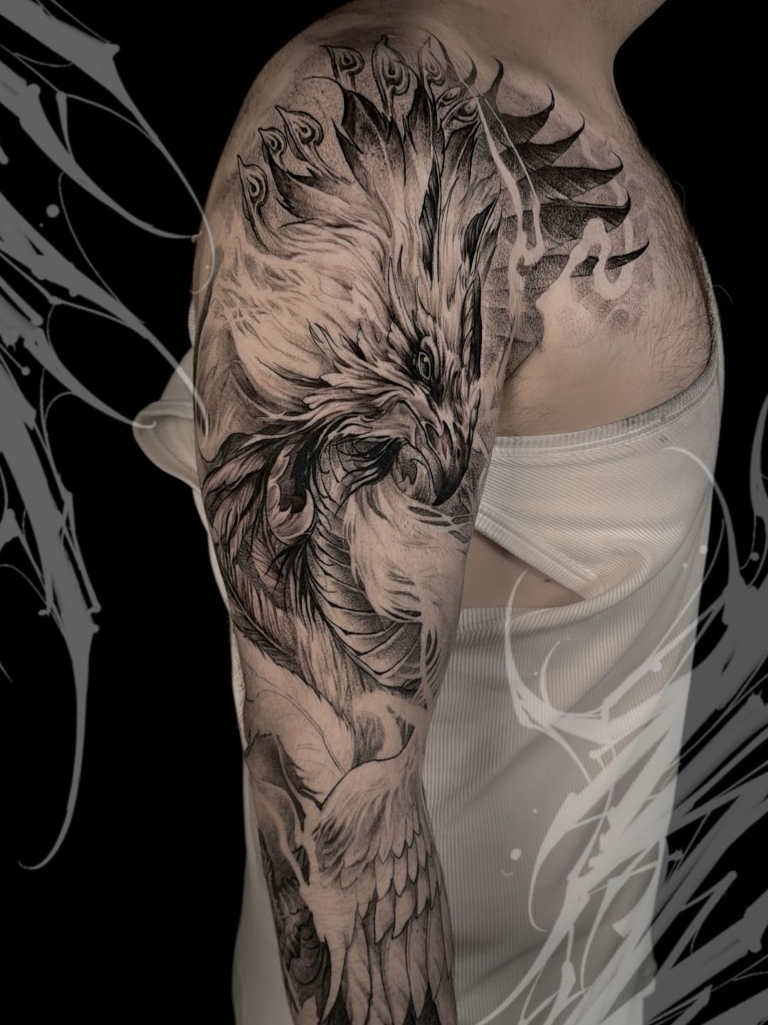 Phoenix realism tattoo on the shoulder by Vince Lau