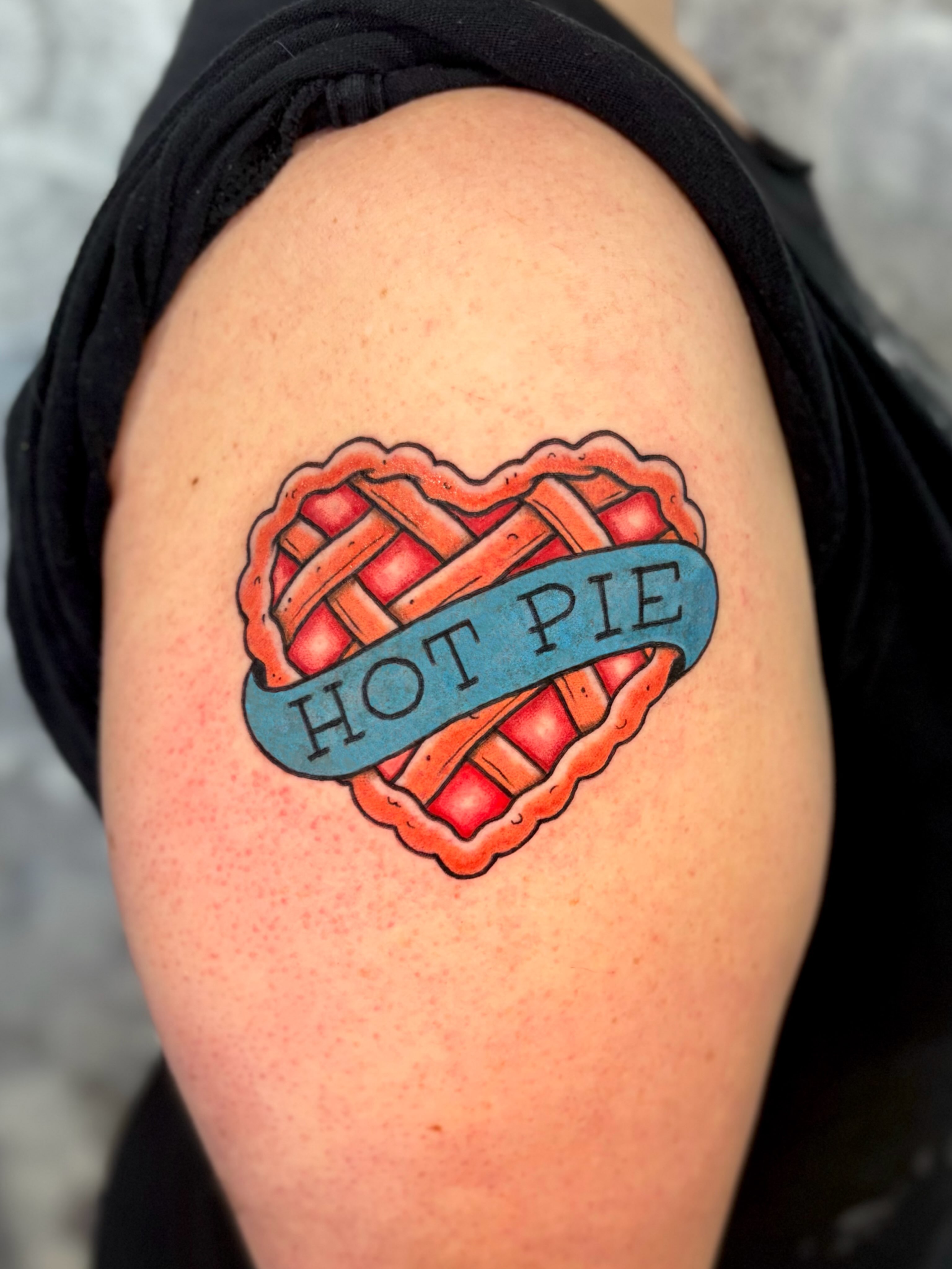 Heart-shaped pie American traditional tattoo on the shoulder by Danelle ✶ Nashville Tattooer