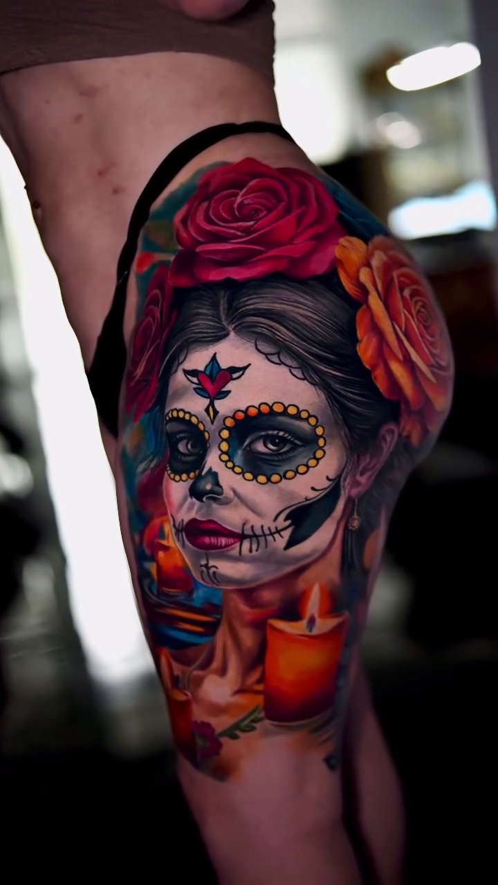 Day of the Dead woman realism tattoo by Yasmani ramirez