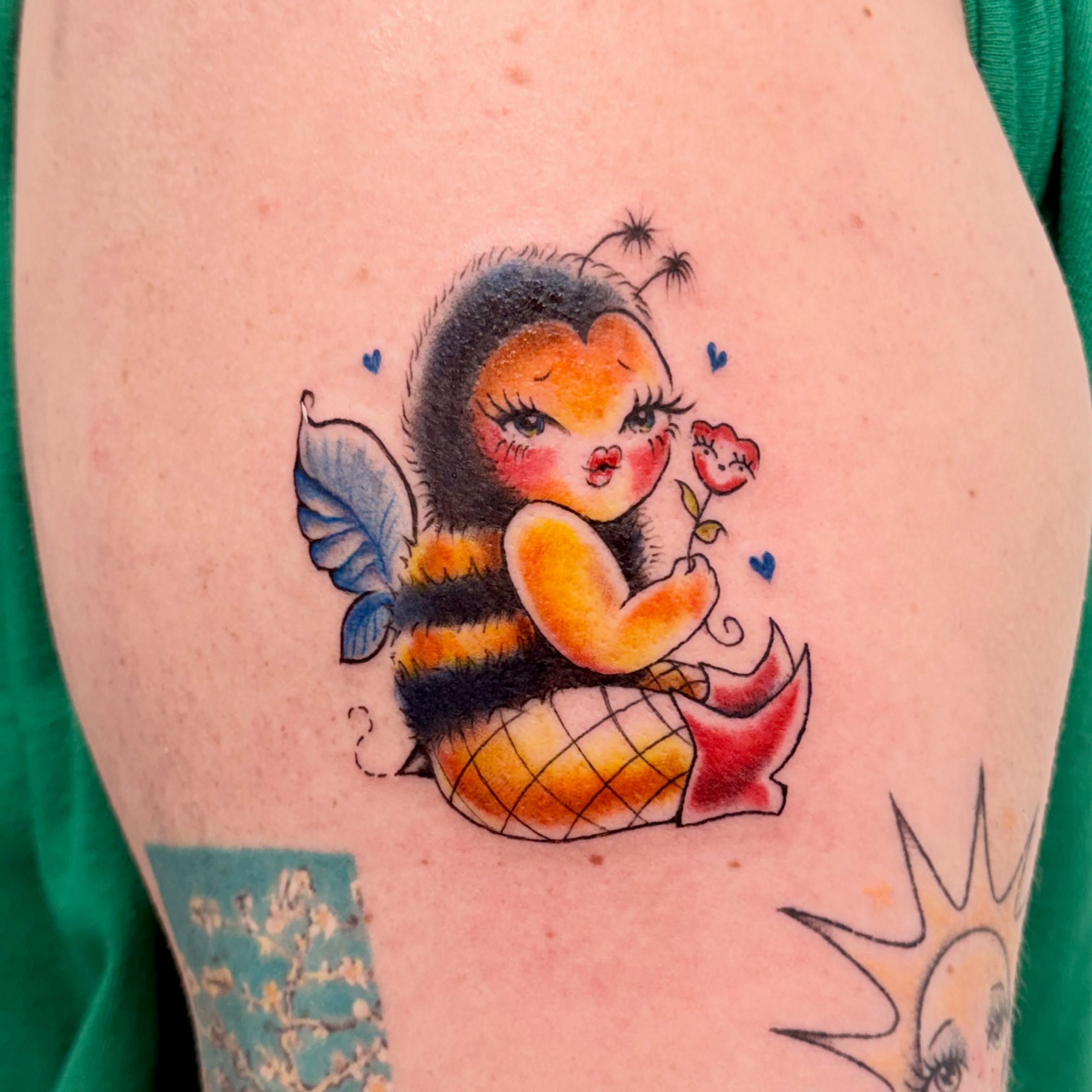 Bee girl new school tattoo on the thigh by tattooz by megz