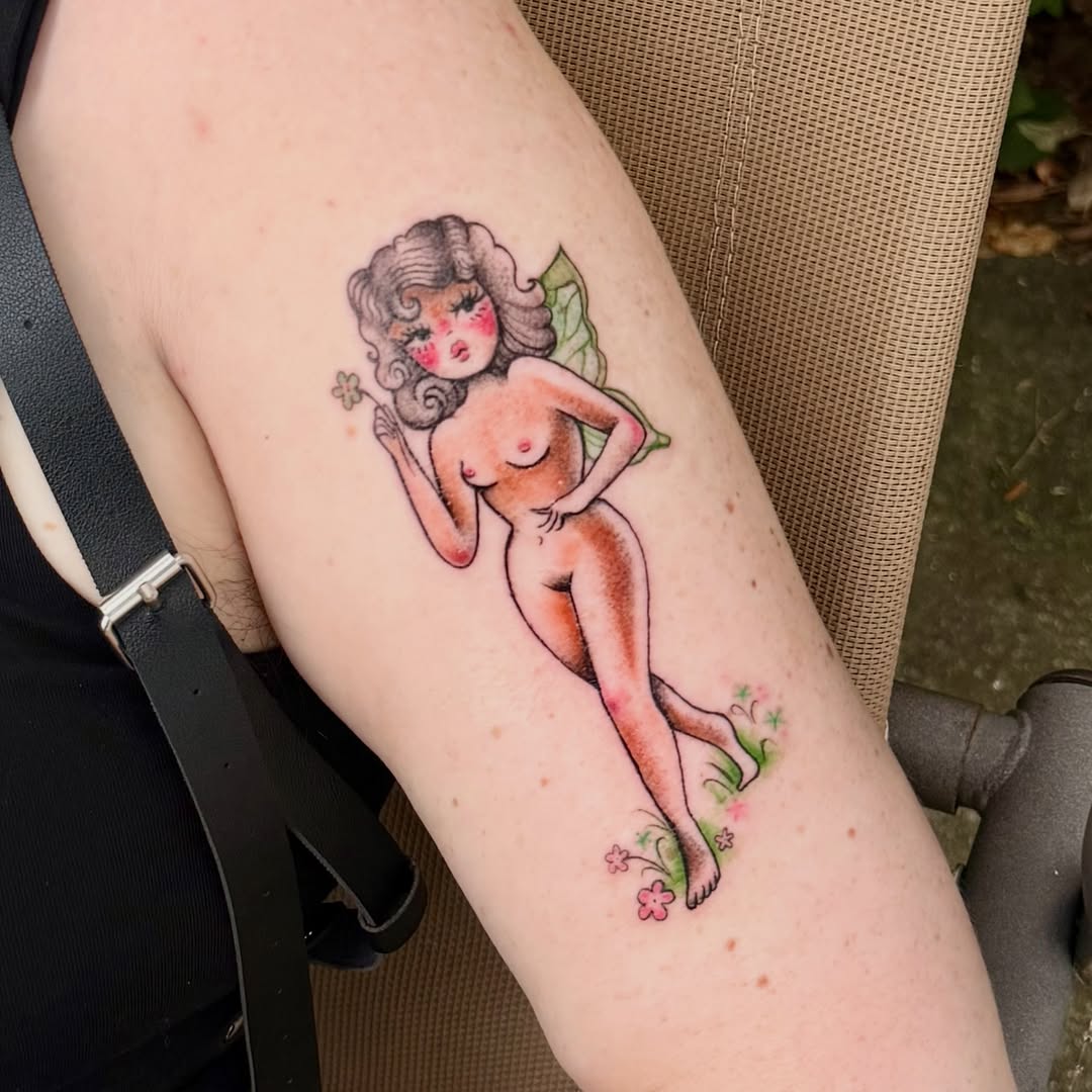 Fairy American traditional tattoo on the forearm by tattooz by megz