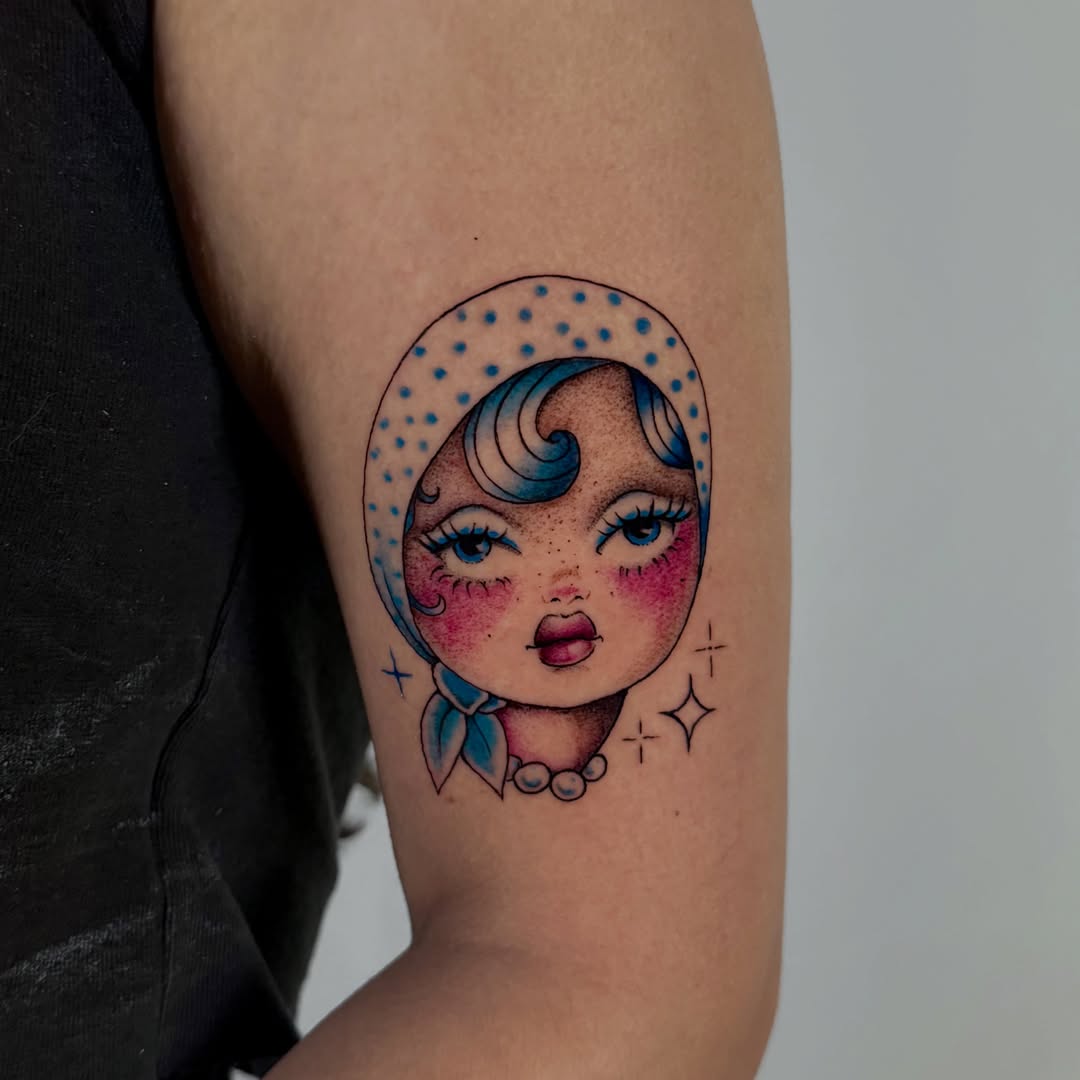 Moon and girl dotwork tattoo on the forearm by tattooz by megz