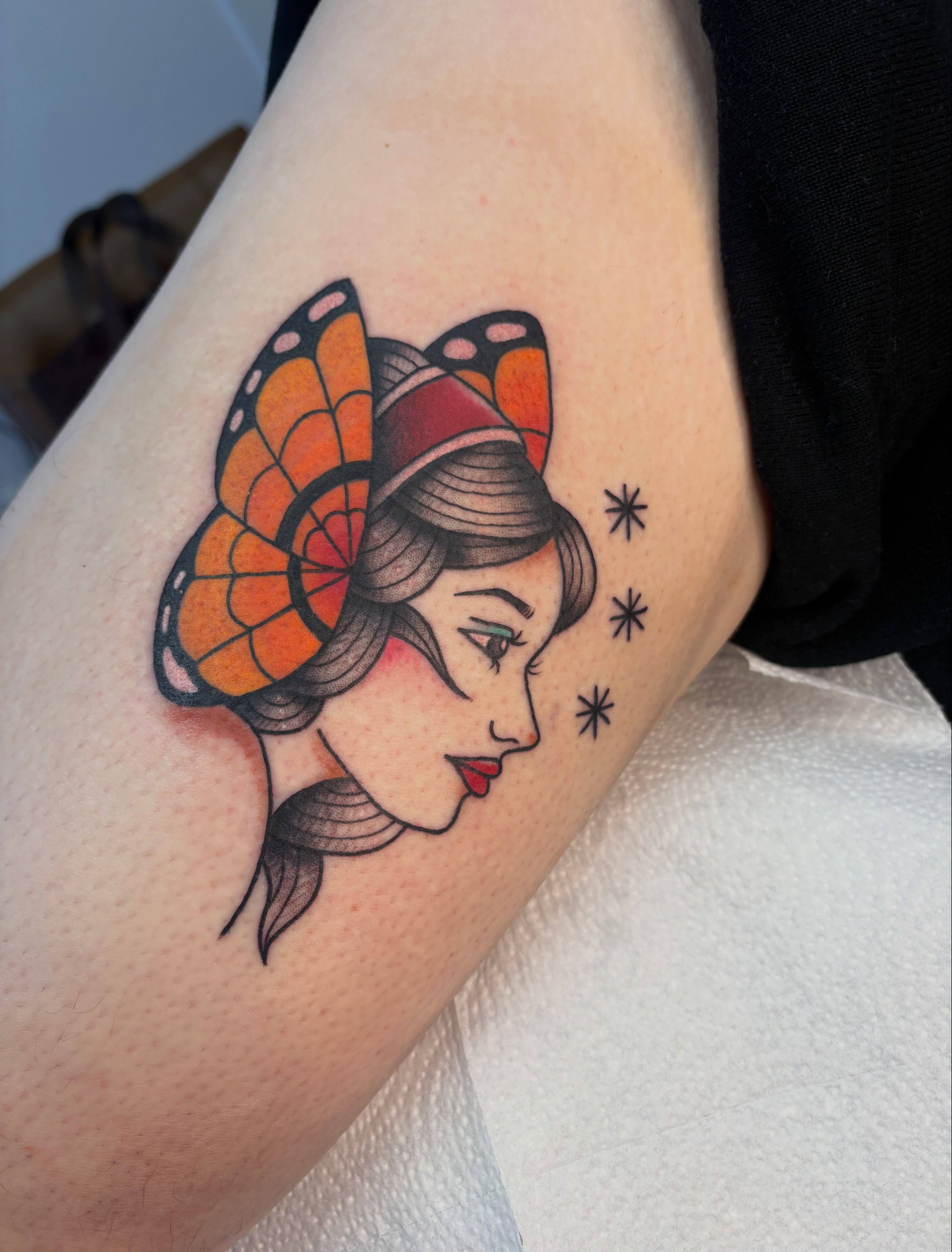 Geisha head with butterfly American traditional tattoo on the forearm by ♡ Demi ♡