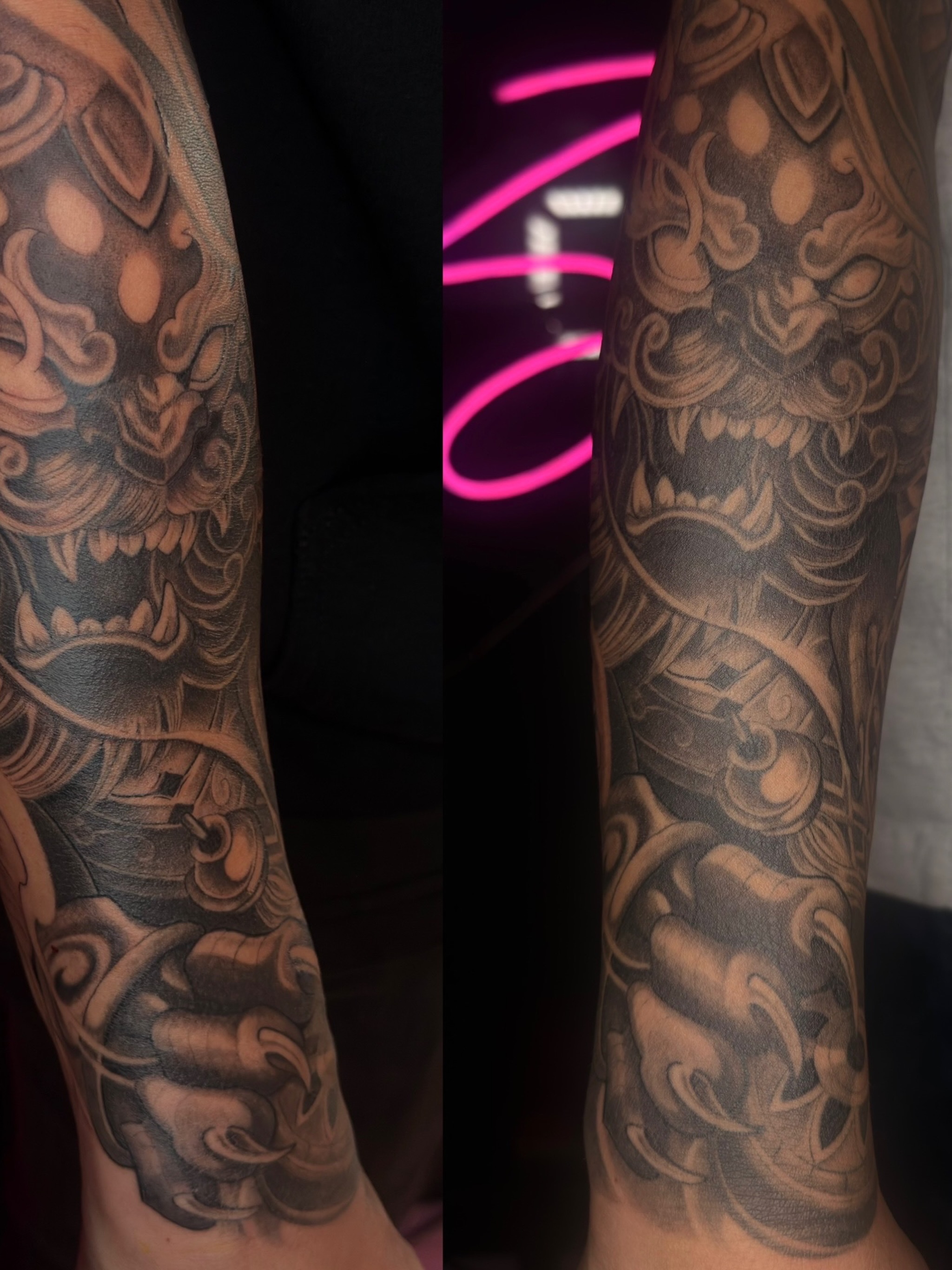 Demon mask japanese irezumi tattoo on the forearm by B o n d B o n d , “ a r t i s t “
