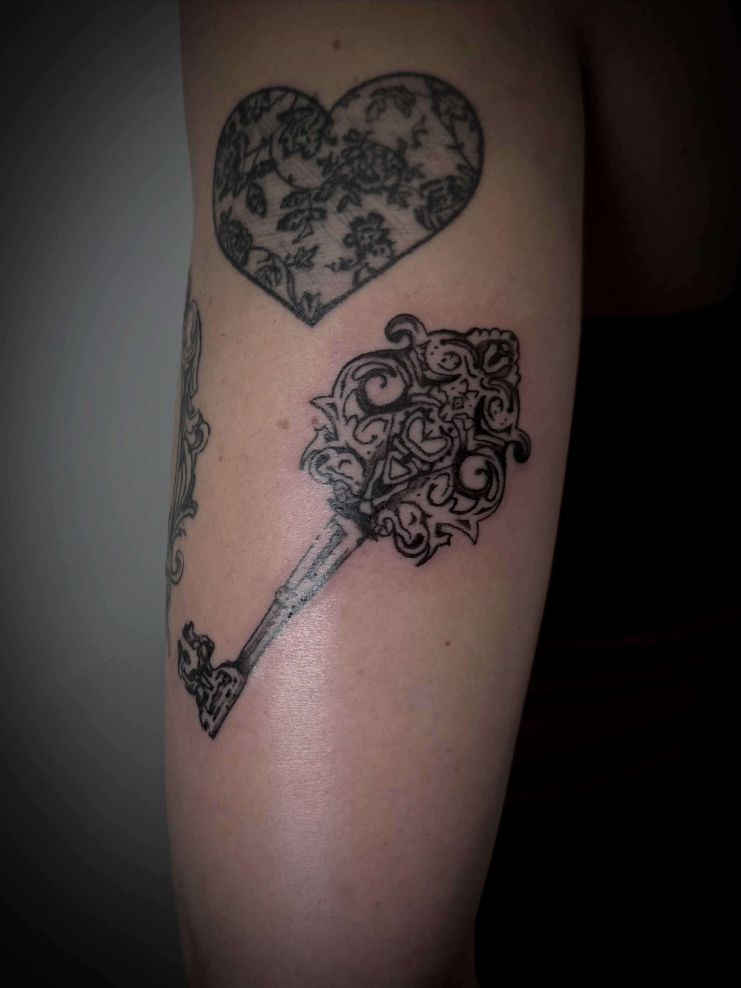 Key and heart ornamental tattoo on the forearm by dev