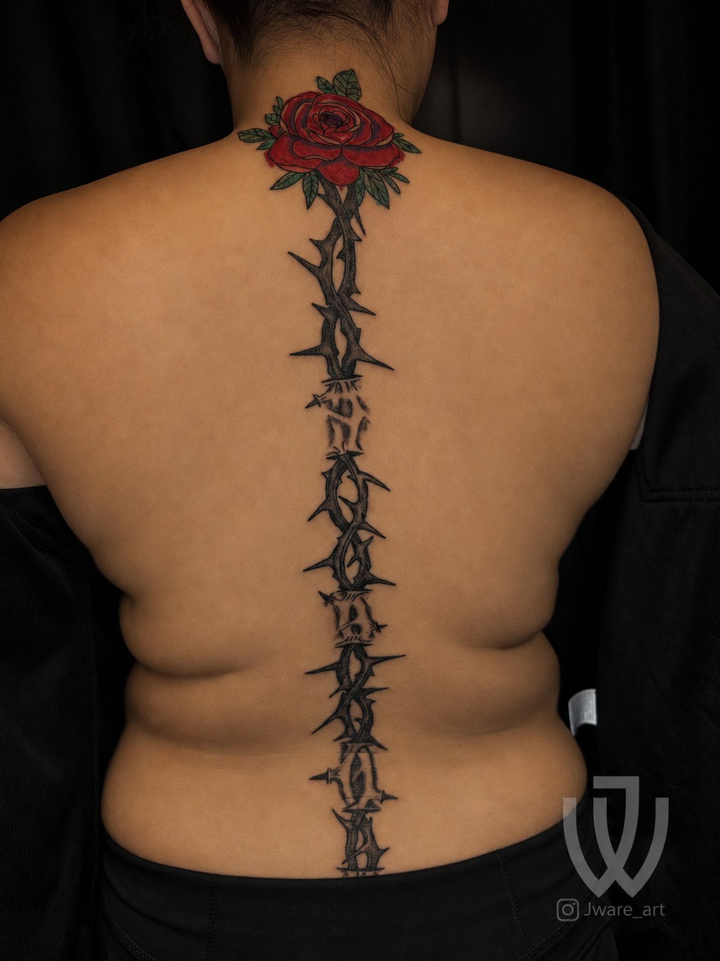 Rose and thorns neo-traditional tattoo on the back by Joshua Ware, Alvarado, Texas