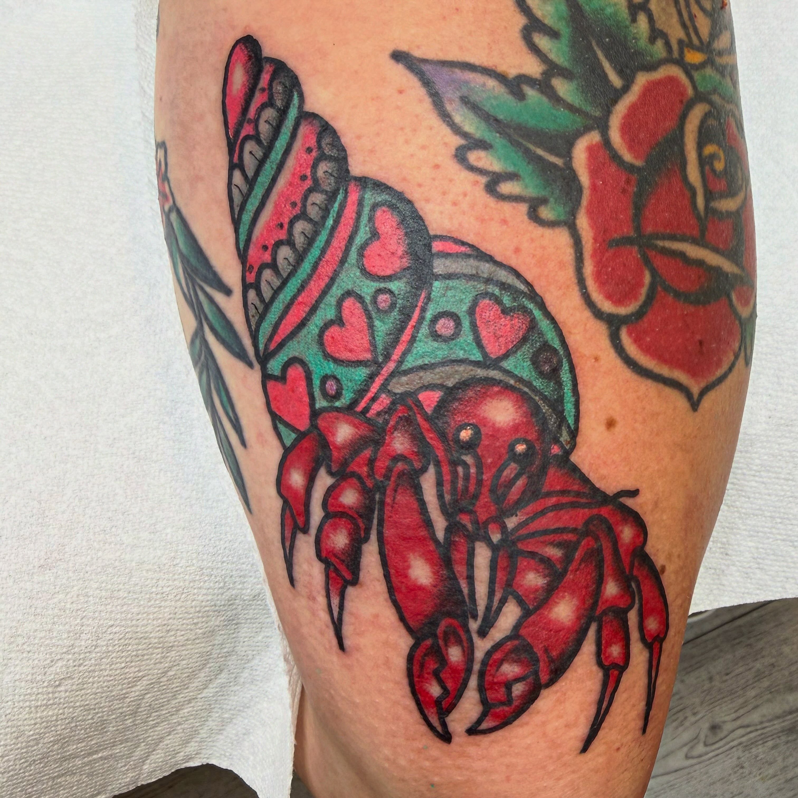 Crab American traditional tattoo on the leg by Tanya Gomez