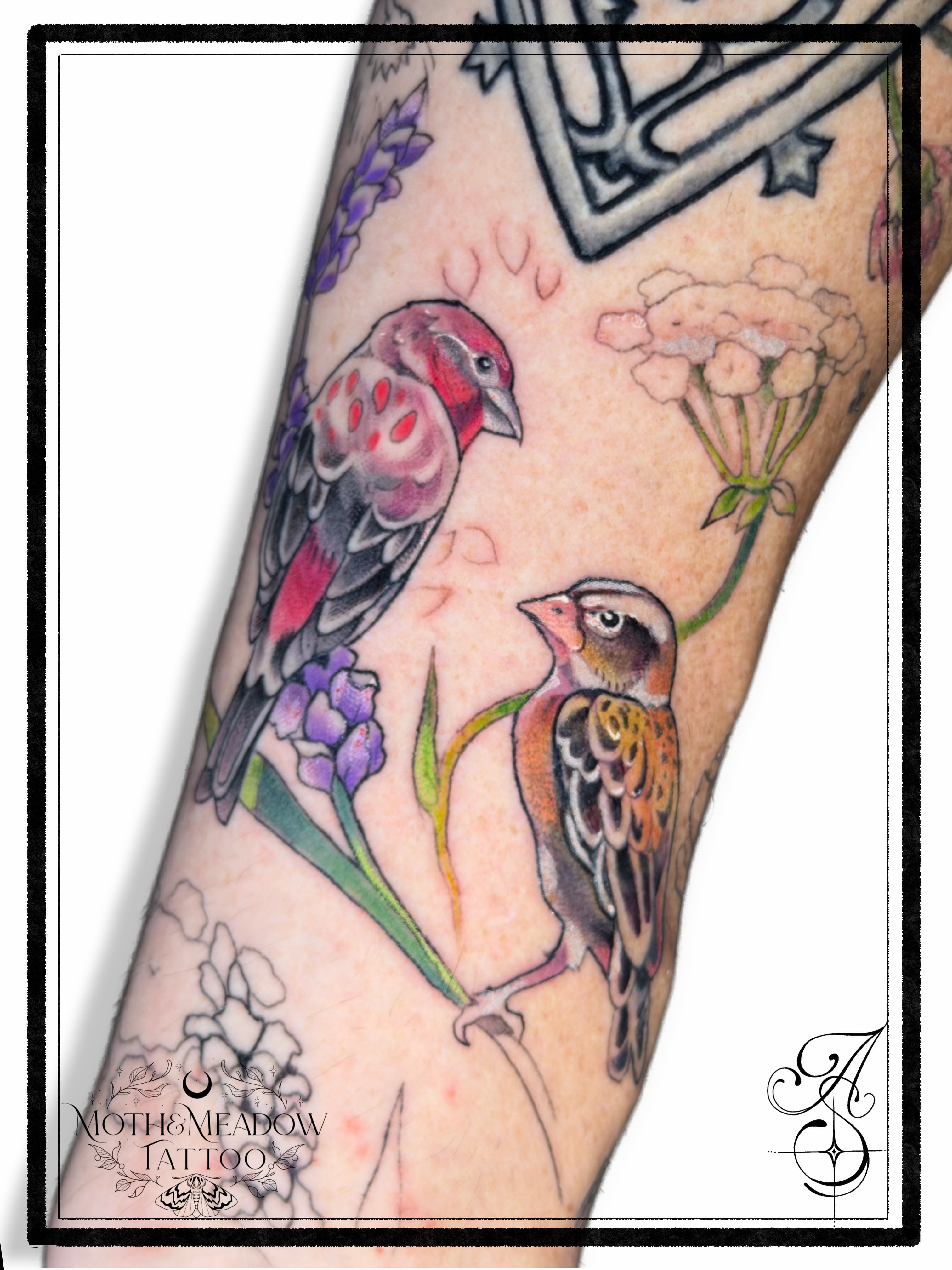 Birds and flowers watercolor tattoo on the forearm by Ash Sansoucie