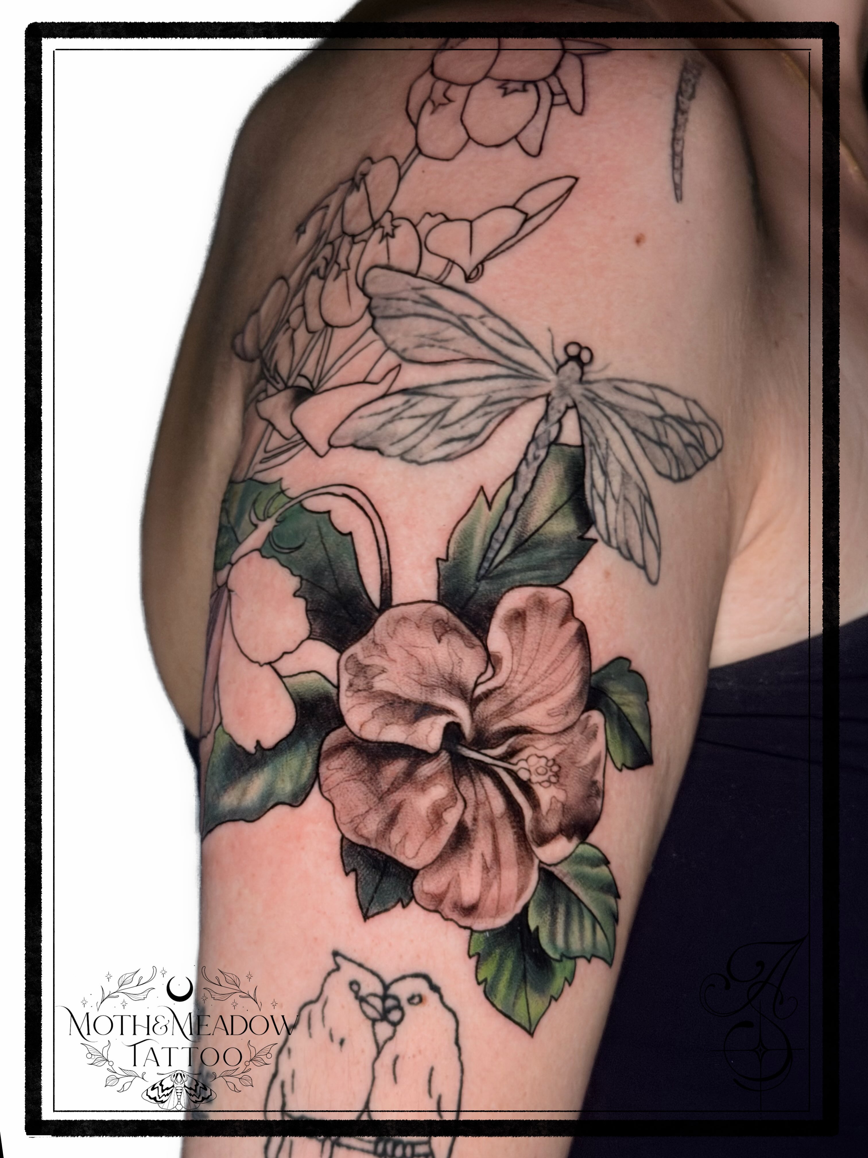 Hibiscus flower realism tattoo on the upper arm by Ash Sansoucie