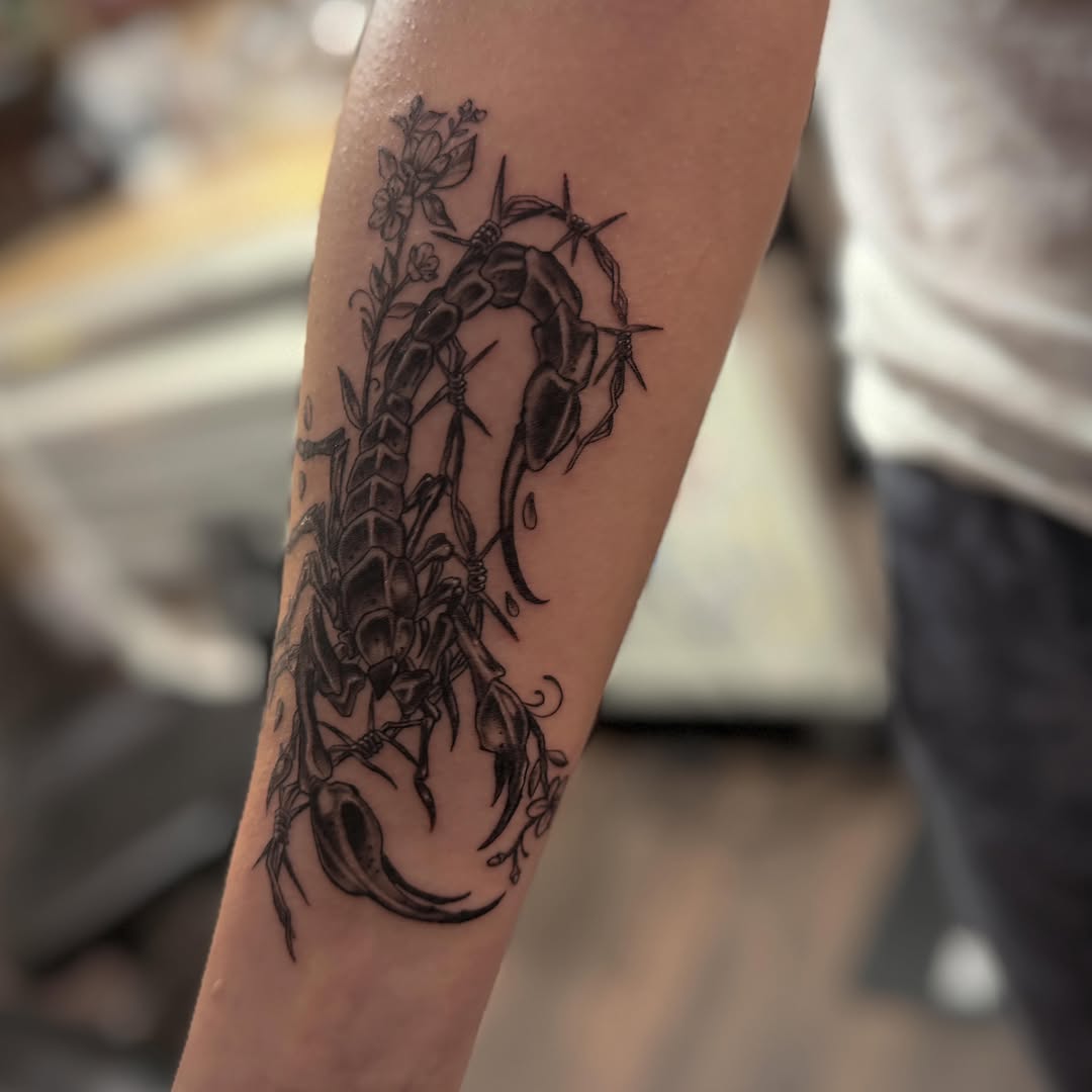 Scorpion black and grey tattoo on the forearm by π©Έβ βοΈ ππππ βοΈ βπ©Έ