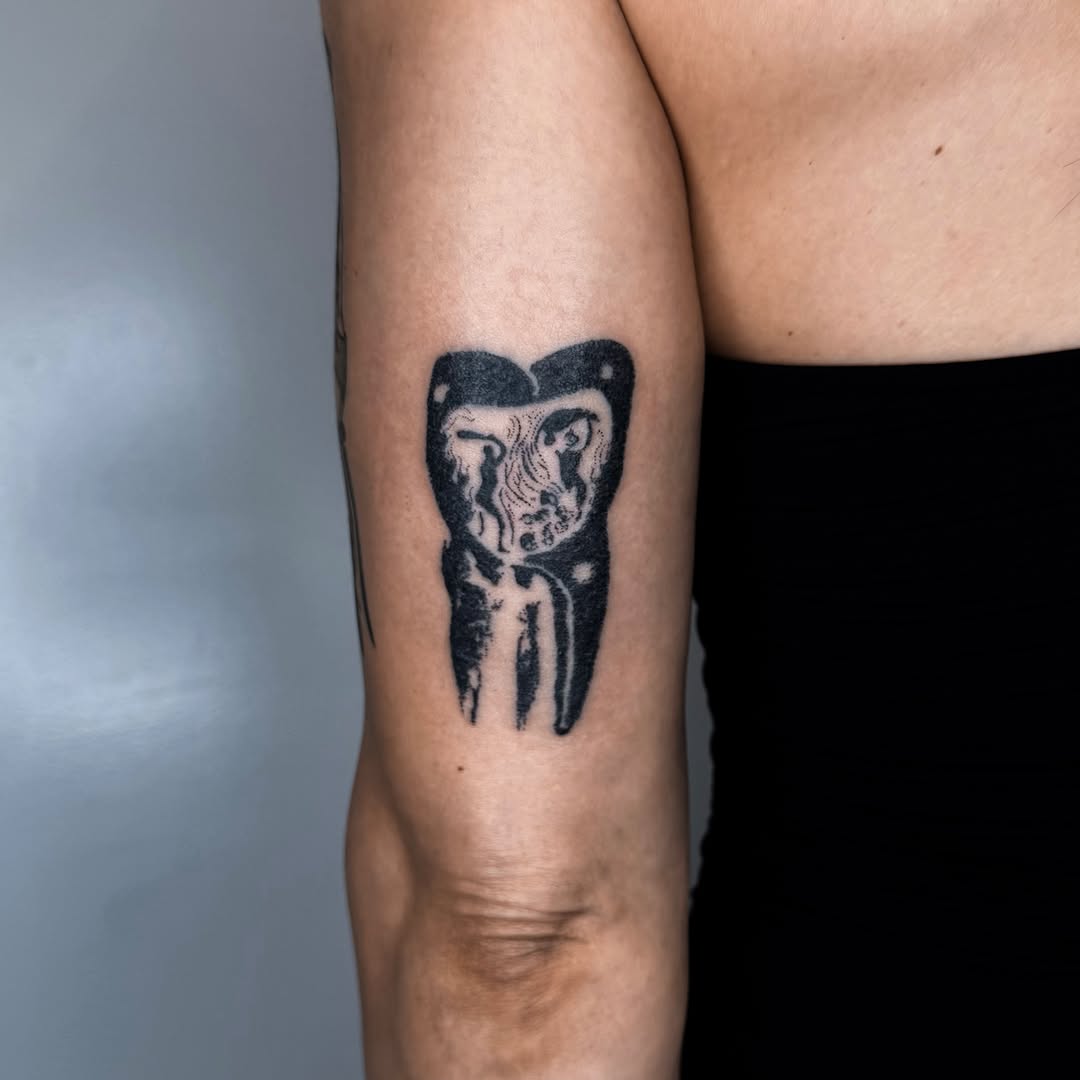 Tattoo by @handpokeforever — black_and_grey