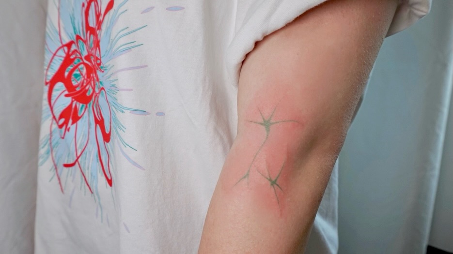 Starburst dotwork tattoo on the forearm by 매실 * handpoke