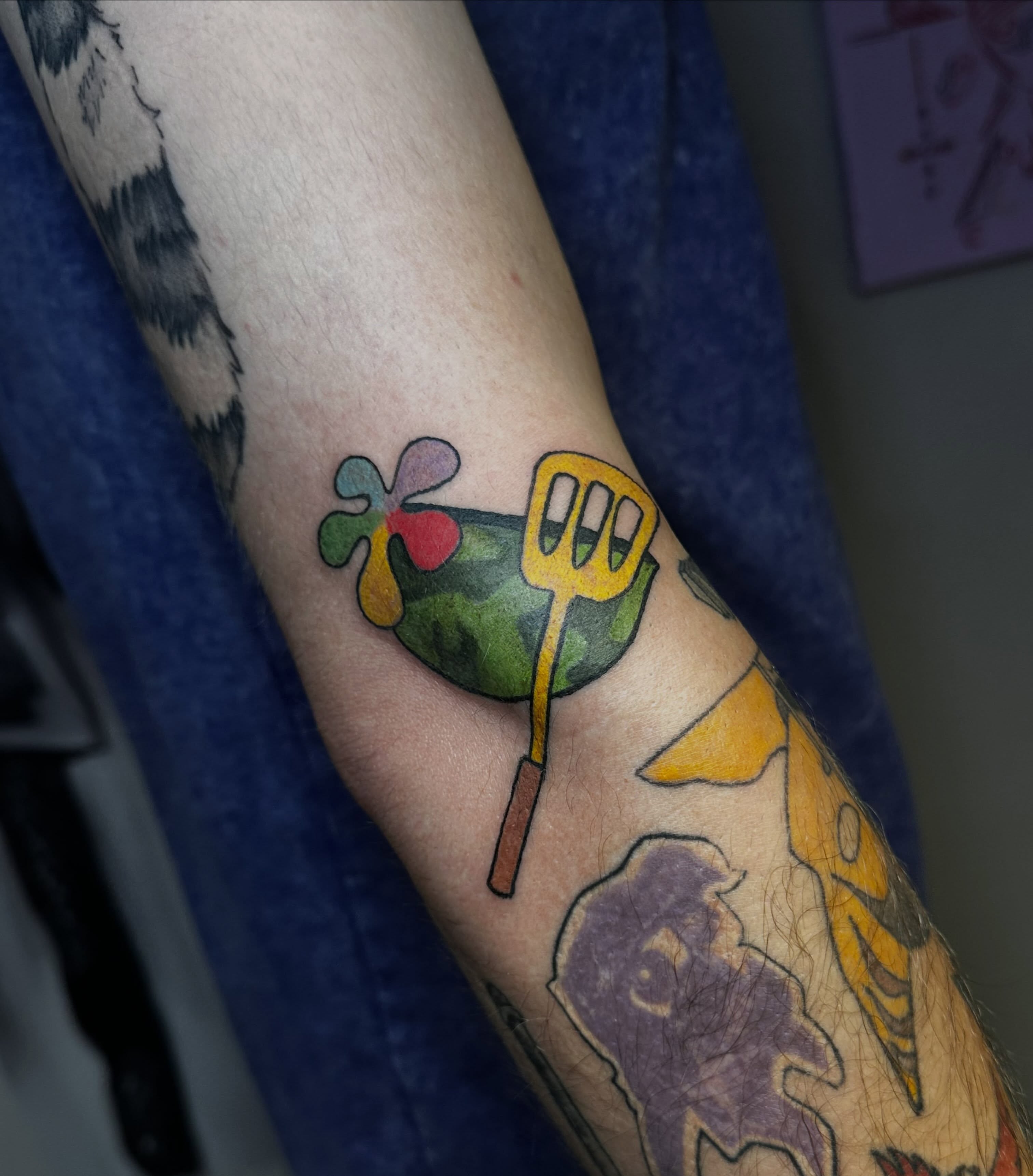 Rooster American traditional tattoo on the forearm by Marly Quinn