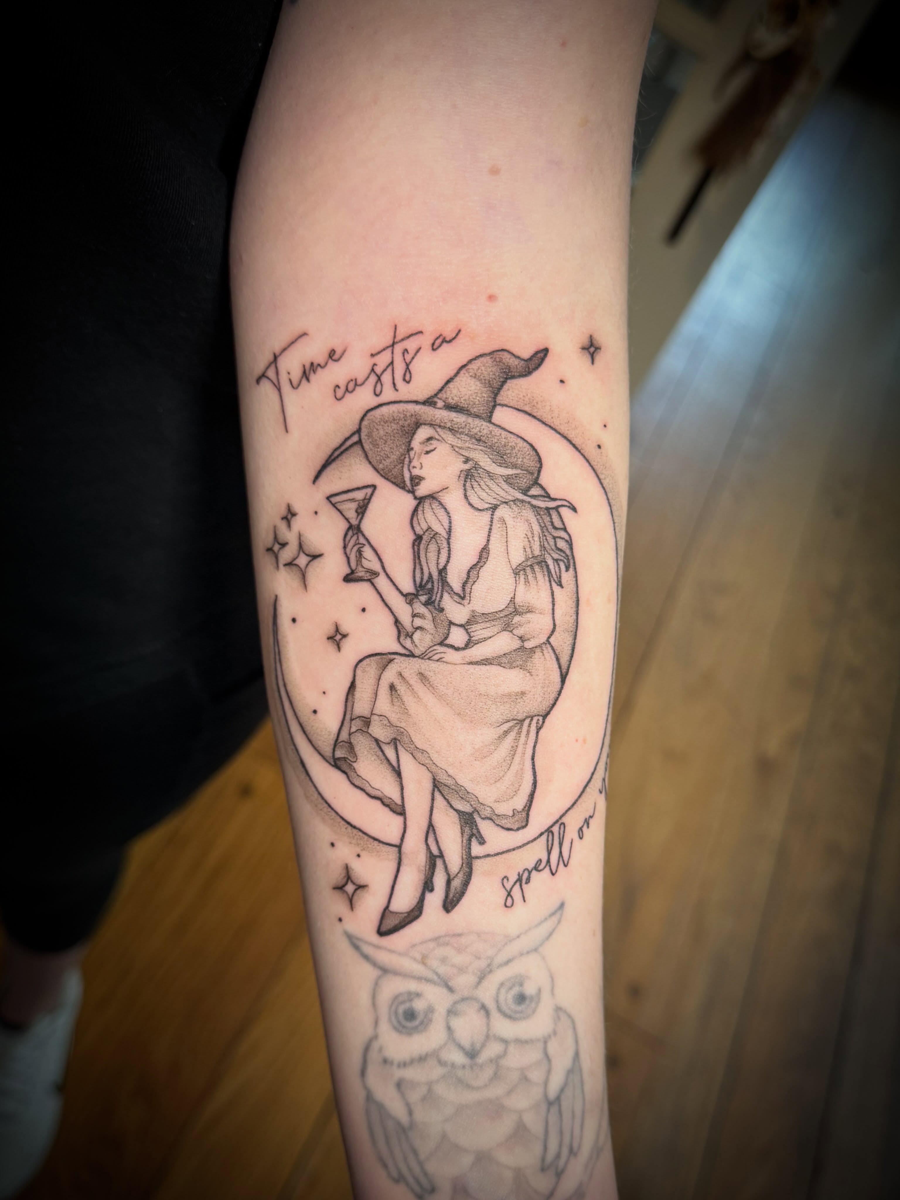 Witch on moon realism tattoo on the forearm by Tattoos by Alex