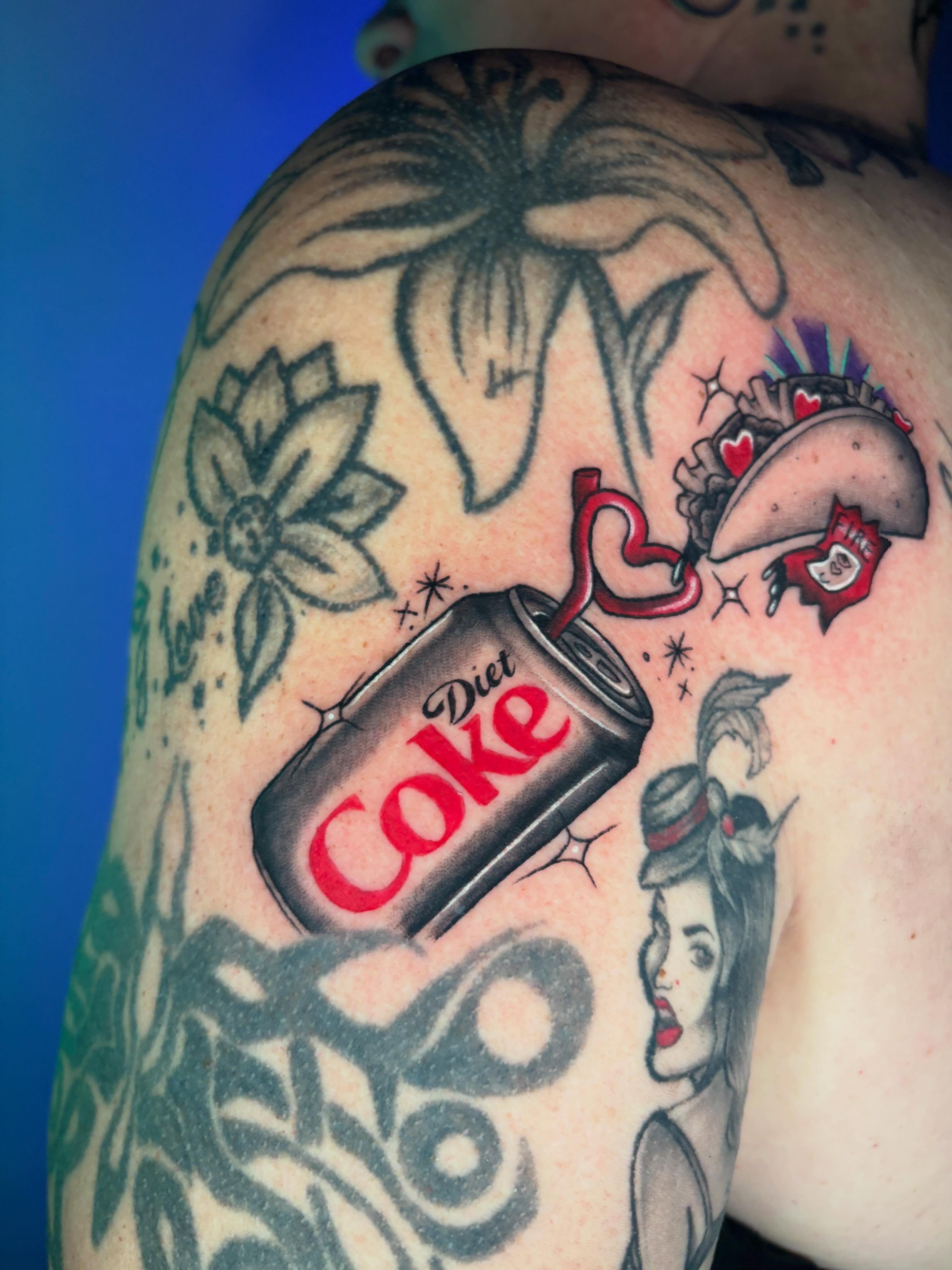 Diet coke can American traditional tattoo on the shoulder by Chelsey Moore, Albuquerque, New Mexico