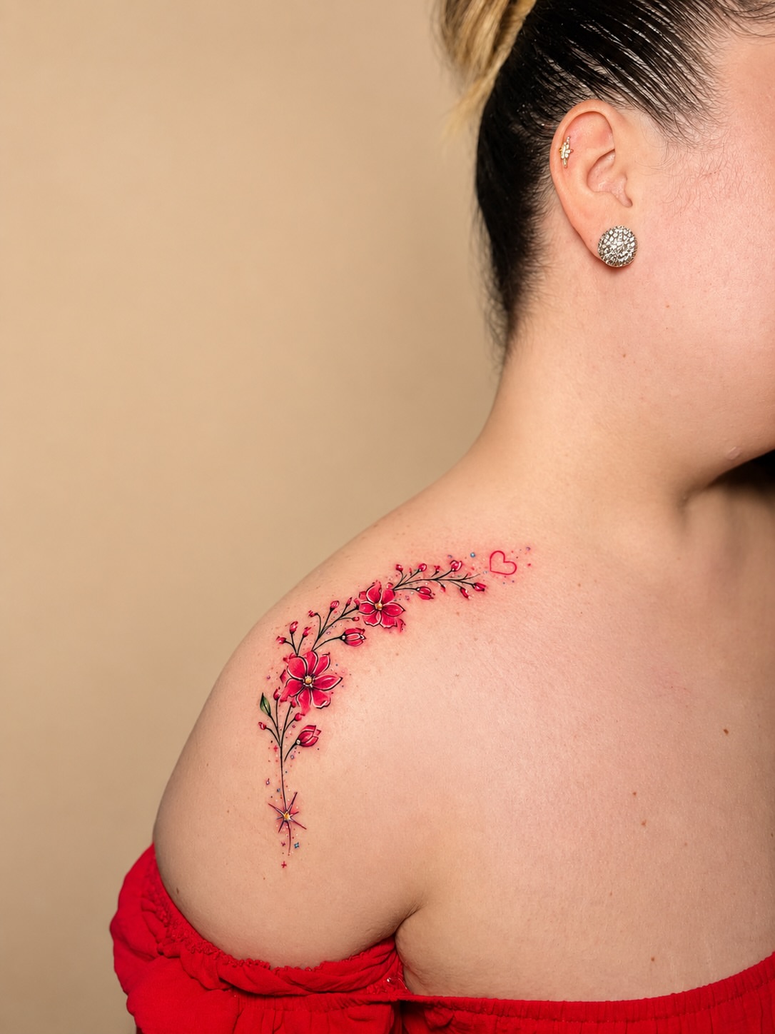 Cherry blossoms dotwork tattoo on the shoulder by Keyla Valdes, Miami, Florida