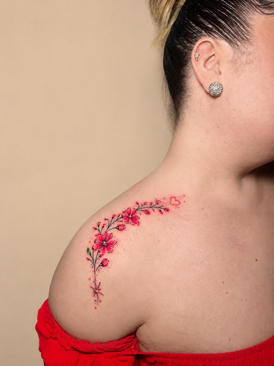 Cherry blossoms dotwork tattoo on the shoulder by Keyla Valdes, Miami, Florida