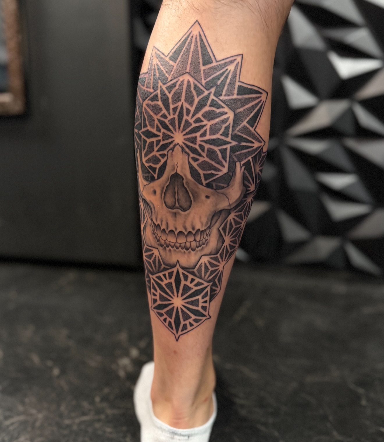 Geometric skull geometric tattoo on the forearm by Rikky Bobby, Mesa, Arizona