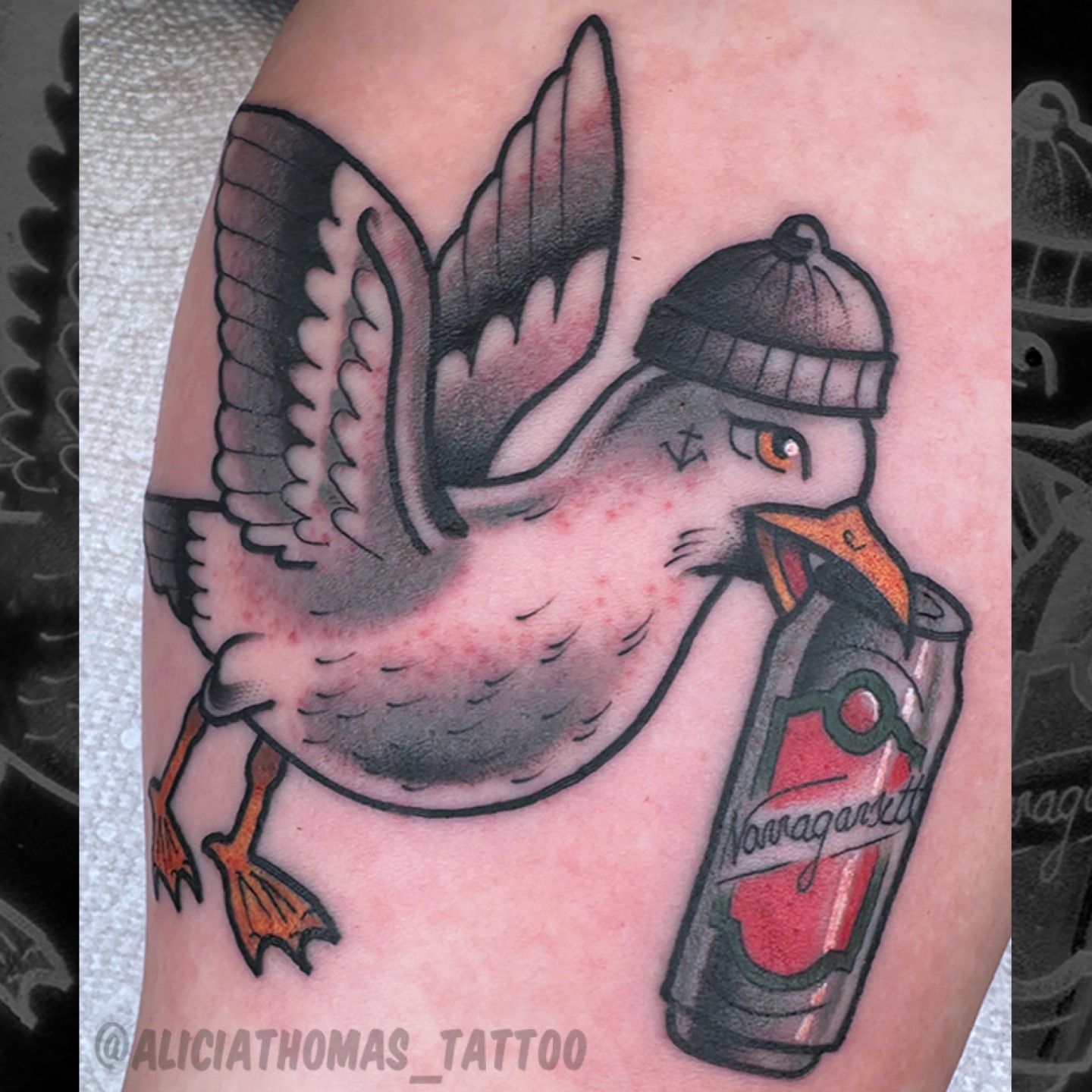 Seagull drinking beer American traditional tattoo on the forearm by 𝖆𝖑𝖎𝖈𝖎𝖆 𝖙𝖍𝖔𝖒𝖆𝖘