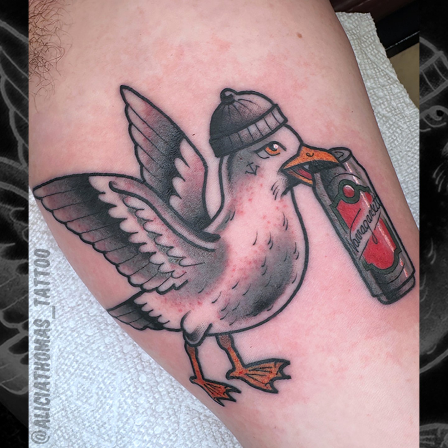 Seagull drinking beer American traditional tattoo on the thigh by 𝖆𝖑𝖎𝖈𝖎𝖆 𝖙𝖍𝖔𝖒𝖆𝖘