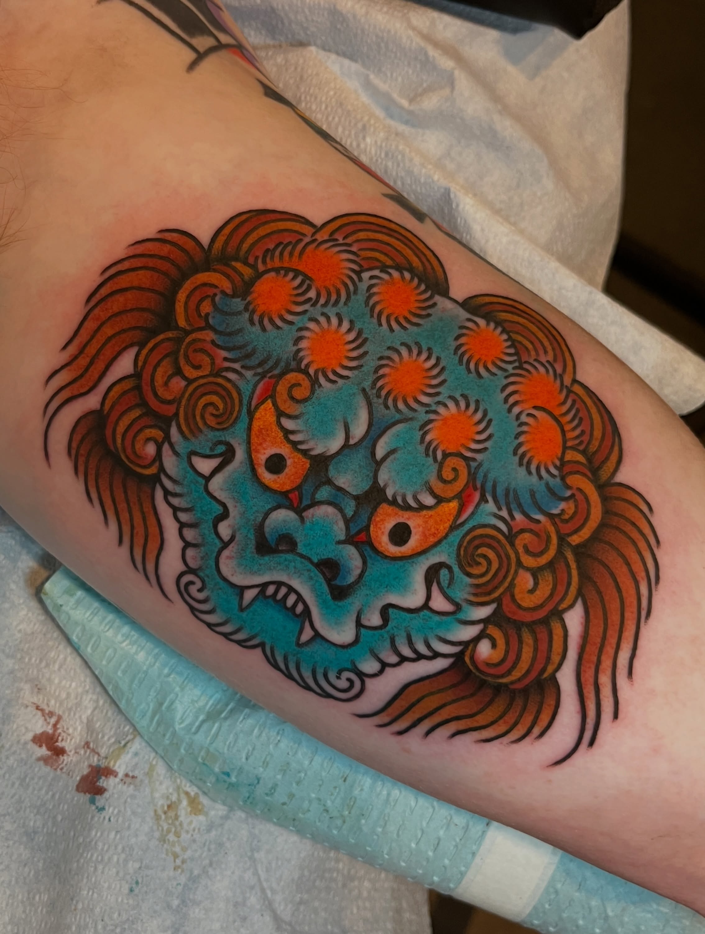 Lion American traditional tattoo on the forearm by Anthony Tattooer, Seattle, Washington