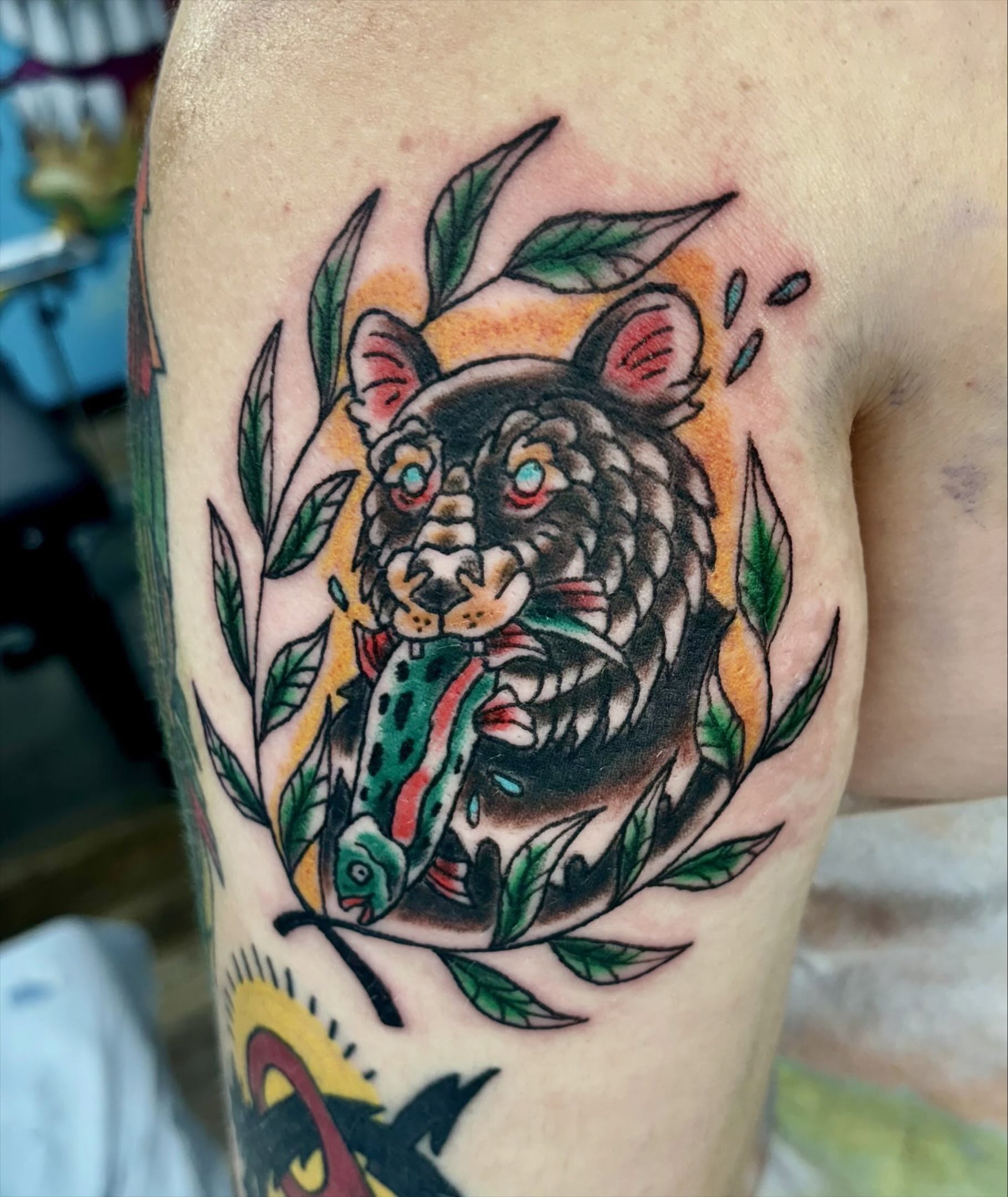 Bear American traditional tattoo on the upper arm by ✮ ✄ star ✮ ✄