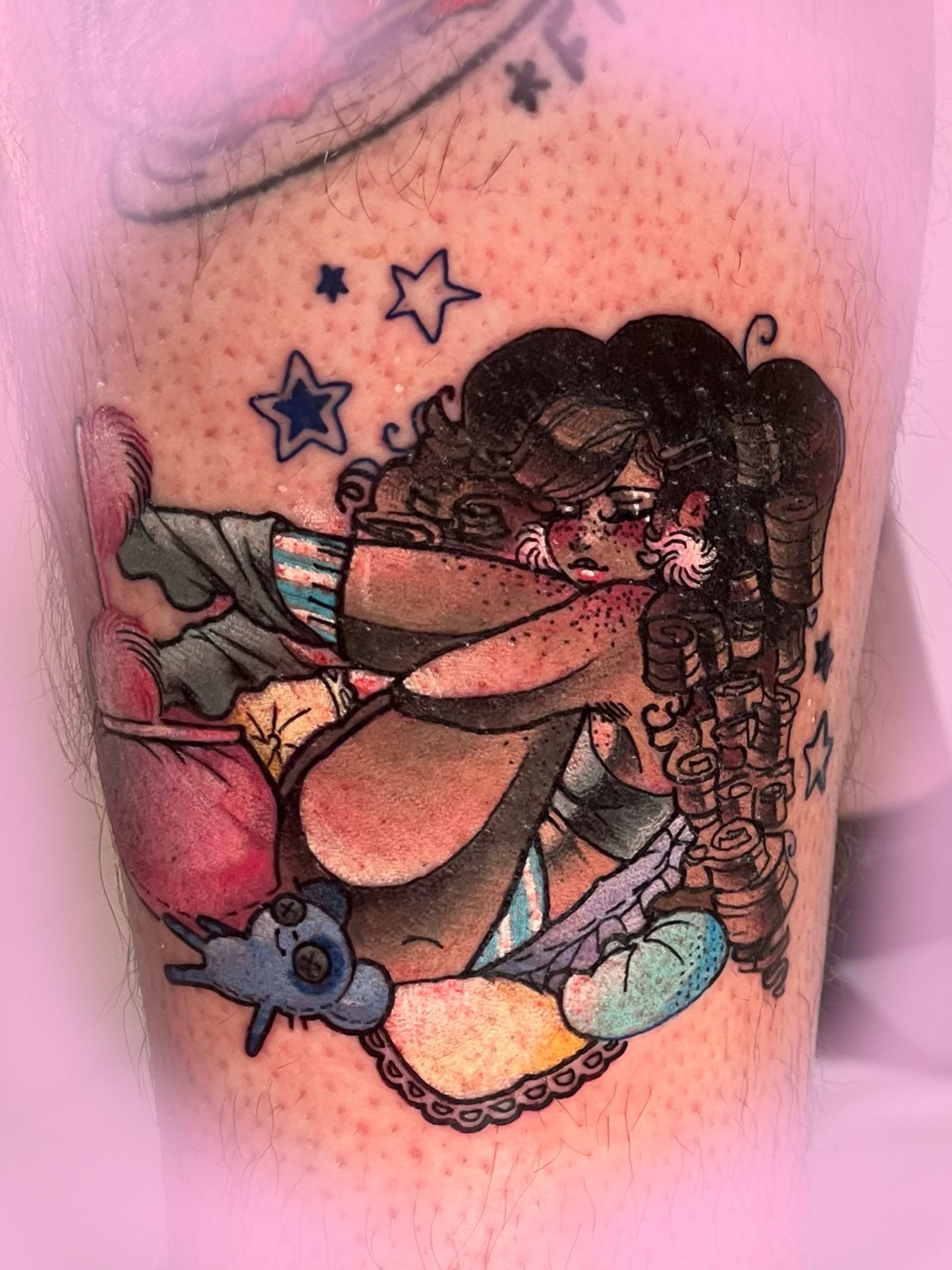 Woman and dog dotwork tattoo on the thigh by Cami Rose