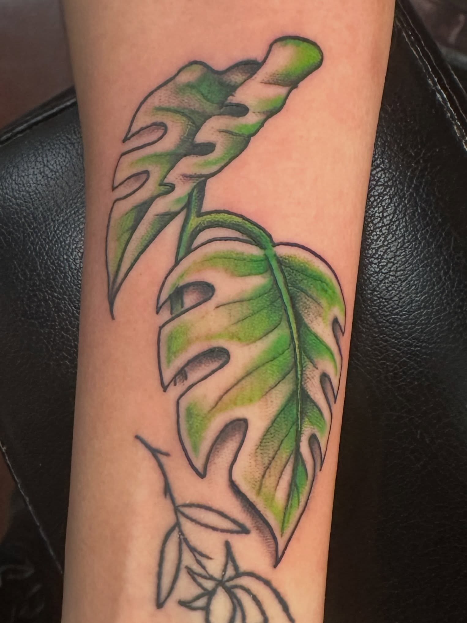Monstera leaf realism tattoo on the forearm by Stacey Colangelo