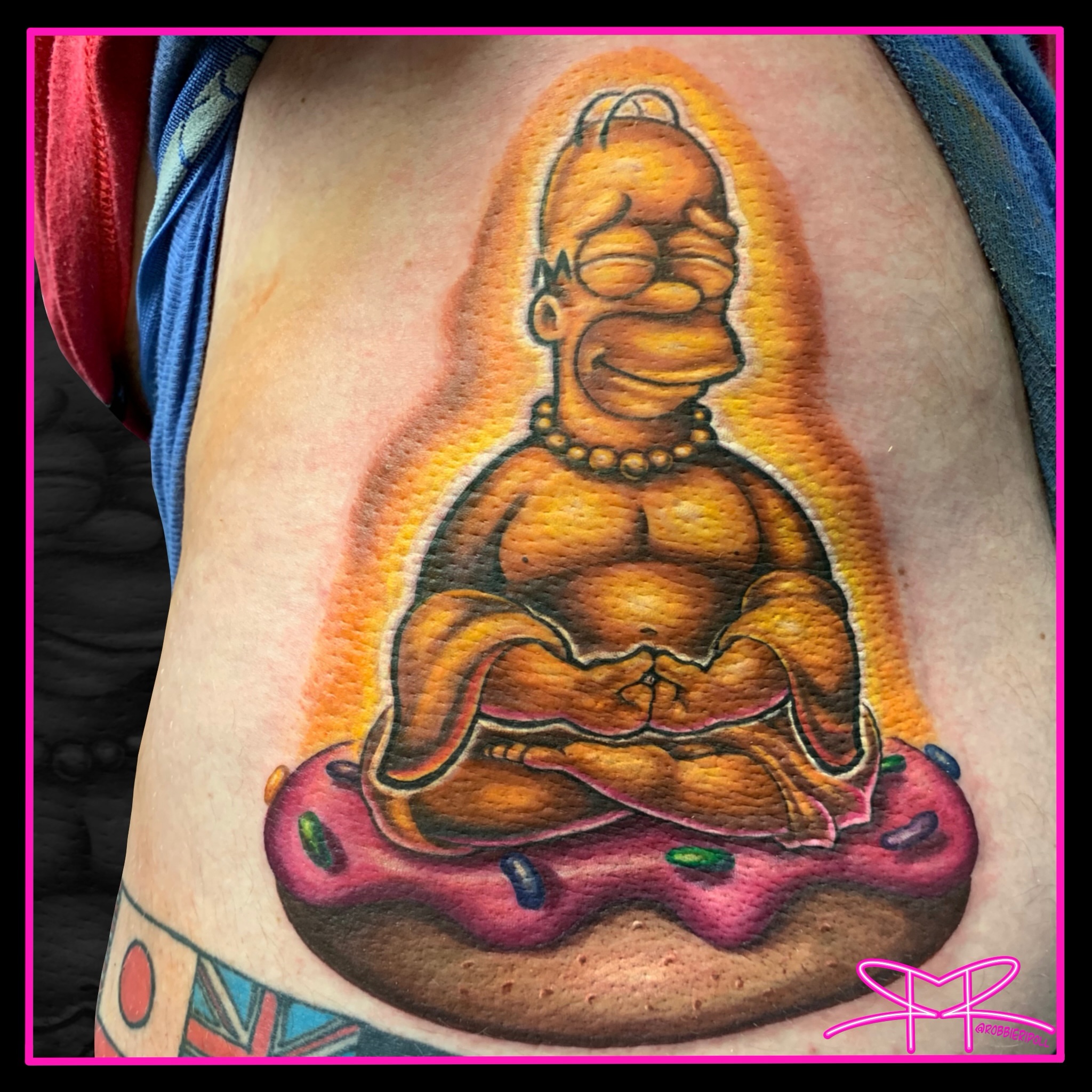 Homer Simpson meditating realism tattoo on the thigh by Robert Ripoll