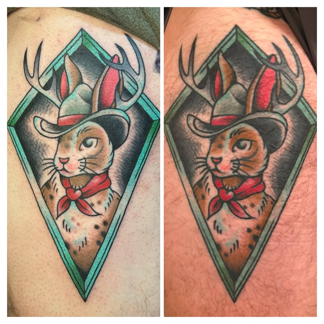 Cat wearing cowboy hat American traditional tattoo on the thigh by Traddy Maddie ๐