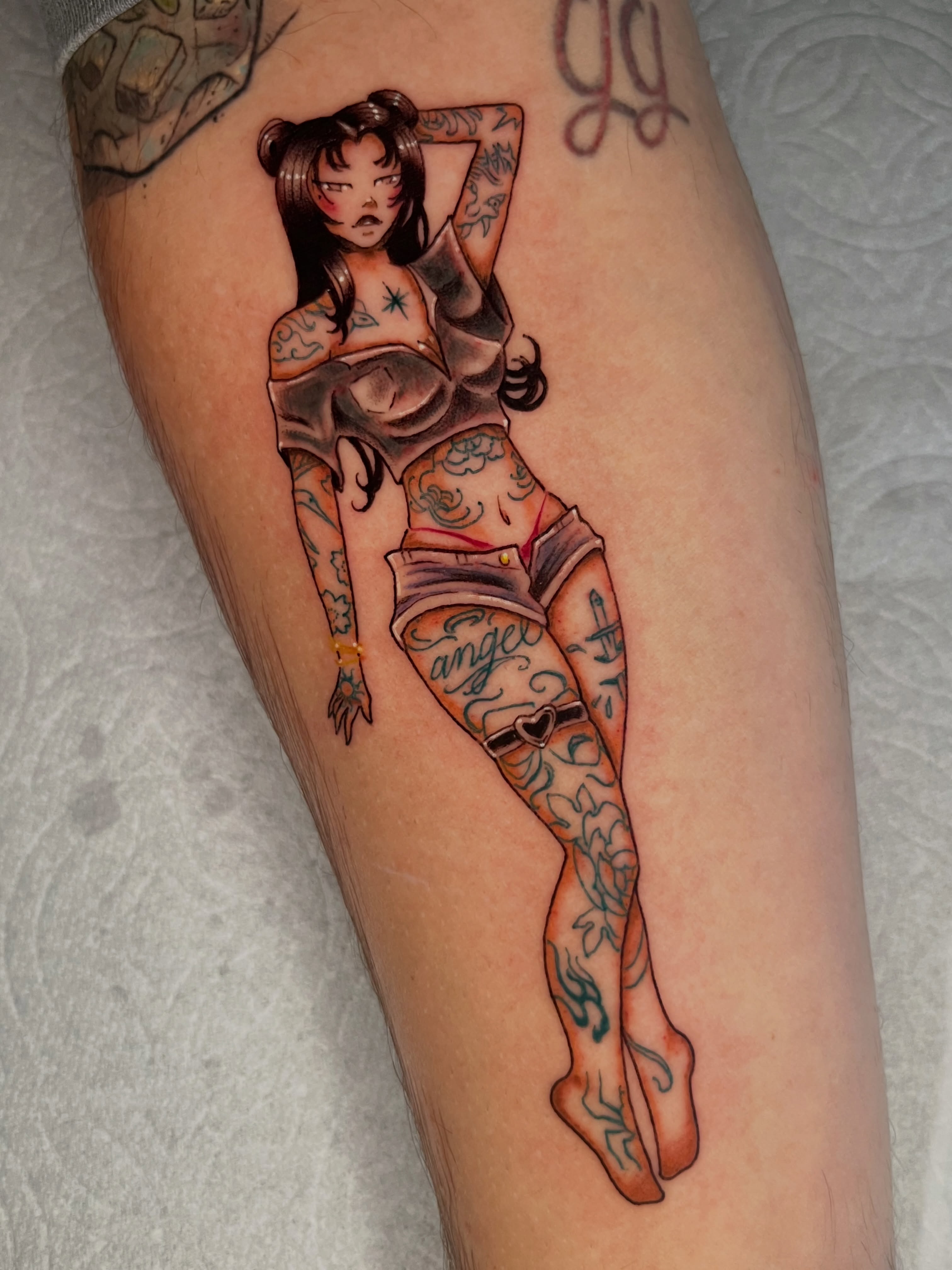 Anime-style woman anime tattoo on the leg by Odi ✮⋆˙, Las Vegas, Nevada