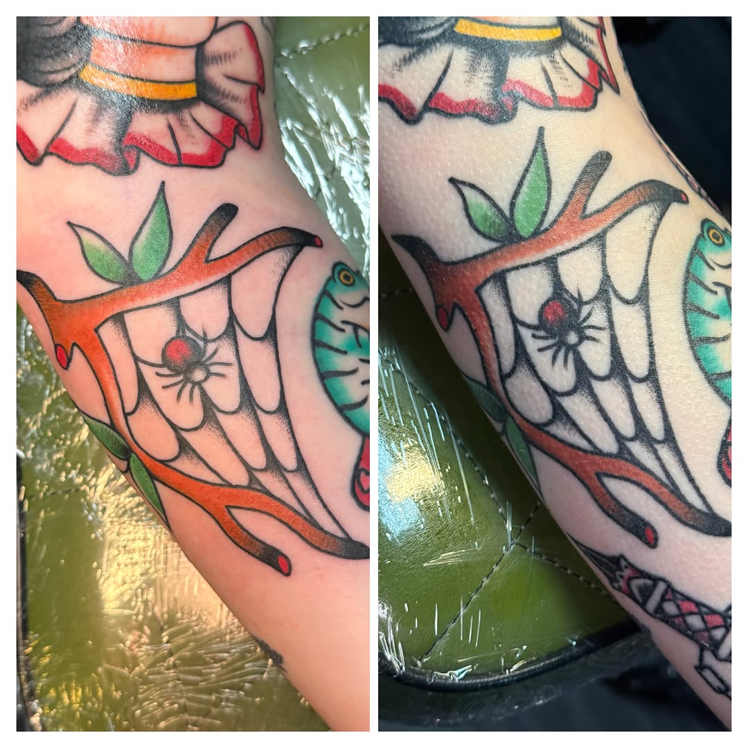 Fish and spiderweb American traditional tattoo on the forearm by Traddy Maddie ๐
