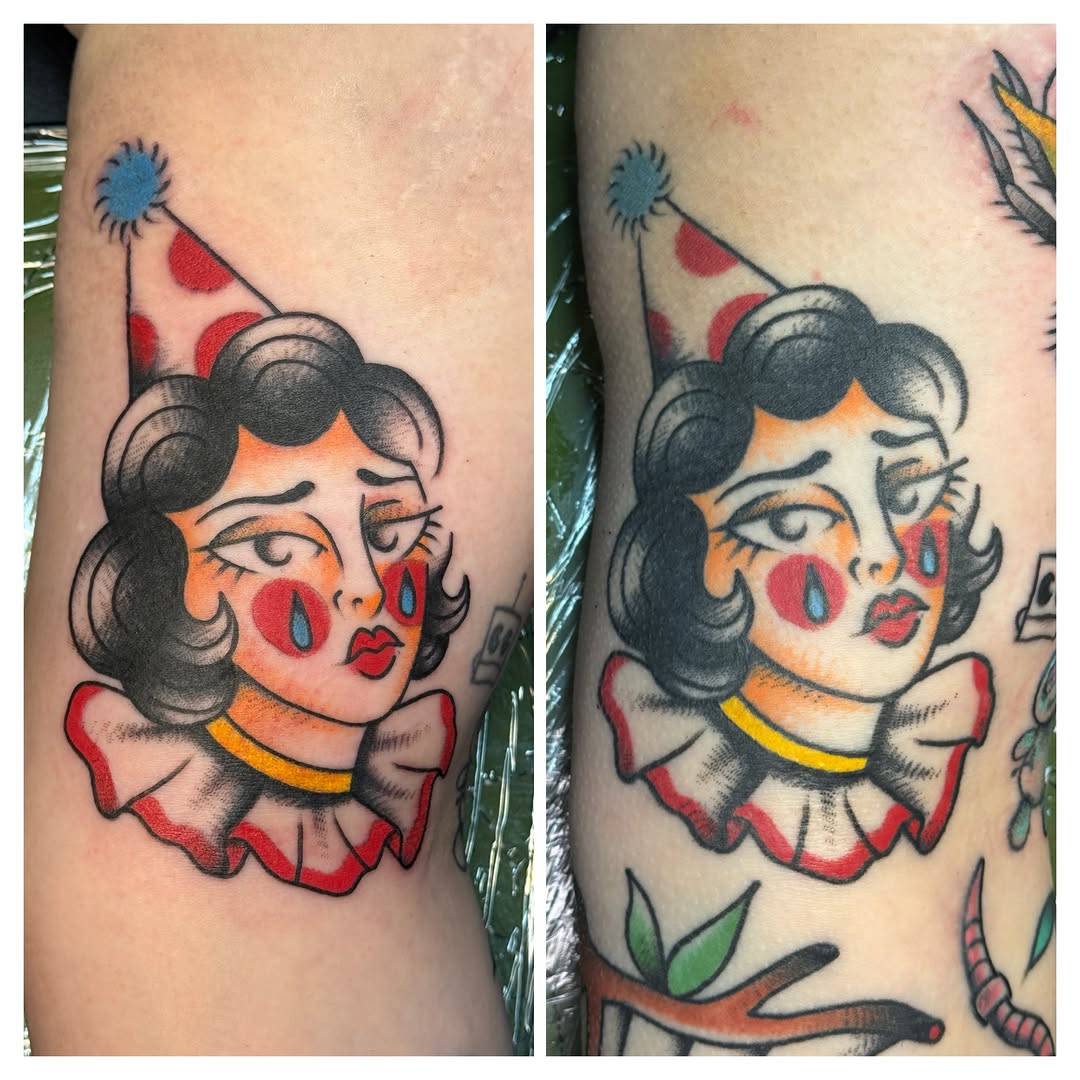Clown girl American traditional tattoo on the forearm by Traddy Maddie ๐